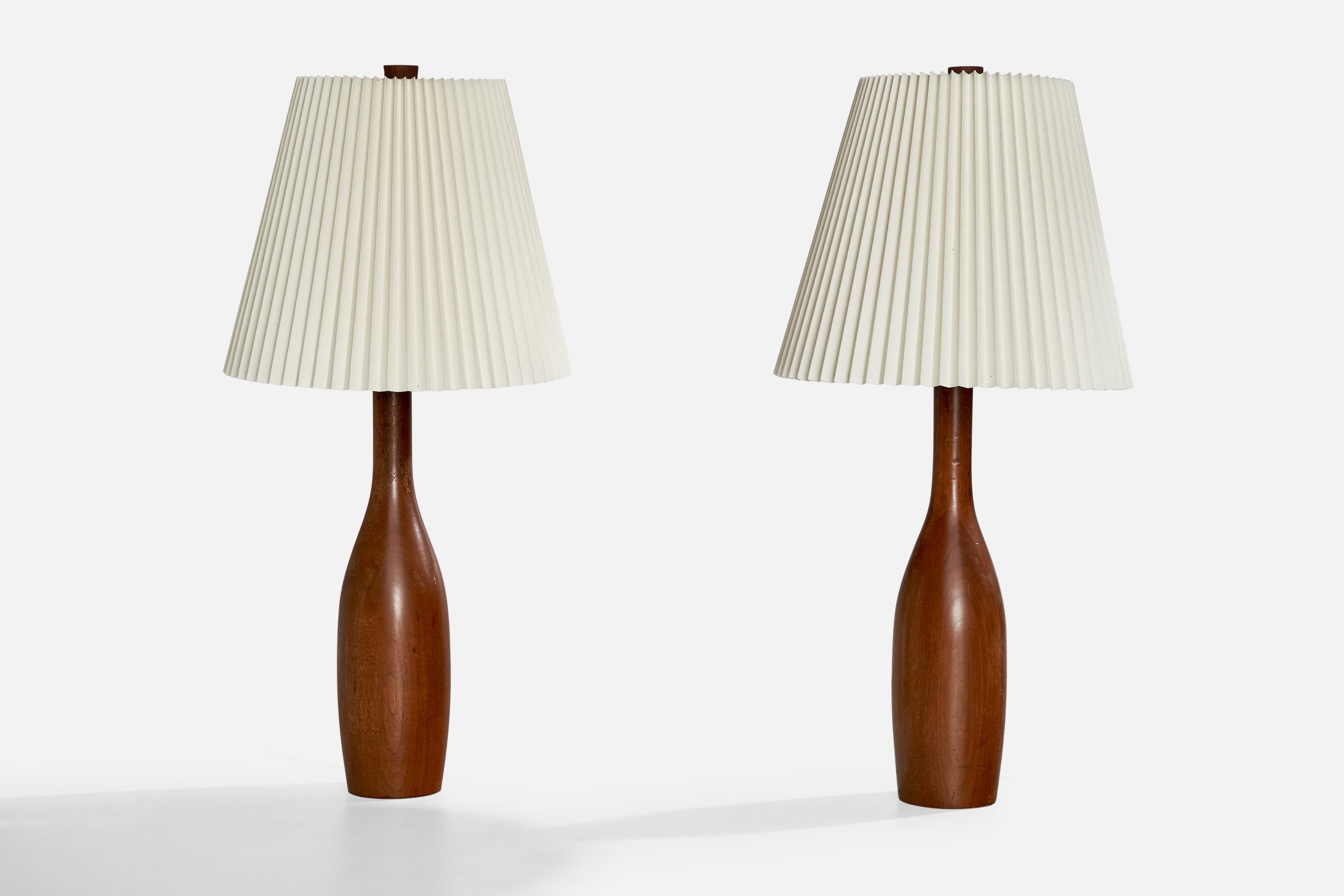 Paire de lampes de table en noyer, laiton et papier blanc, conçues et produites aux Etats-Unis, C.1950.

Dimensions de la lampe avec abat-jour (pouces) : 34.25