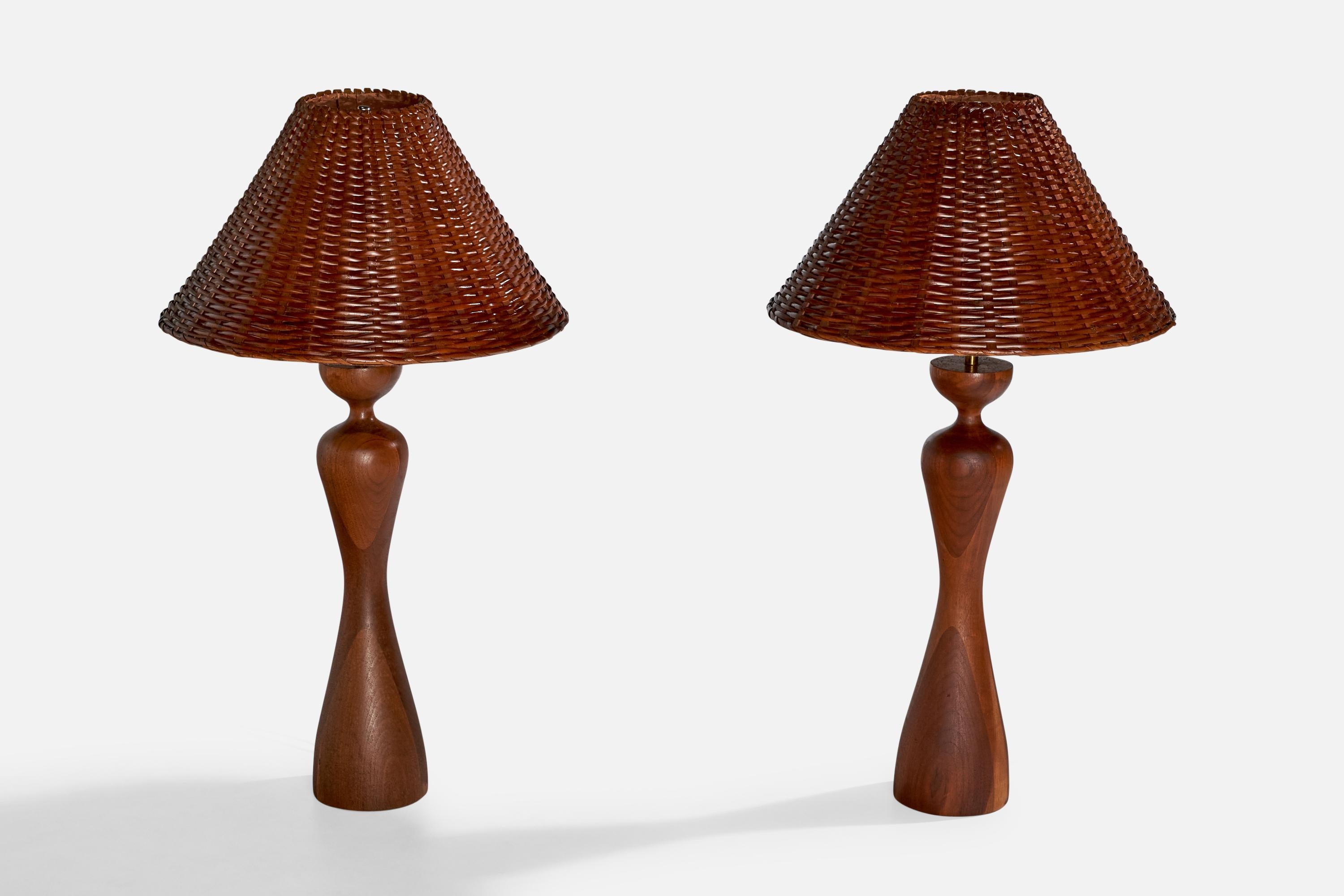 Mid-Century Modern American Designer, Table Lamps, Wood, Brass, Rattan, USA, 1950s For Sale