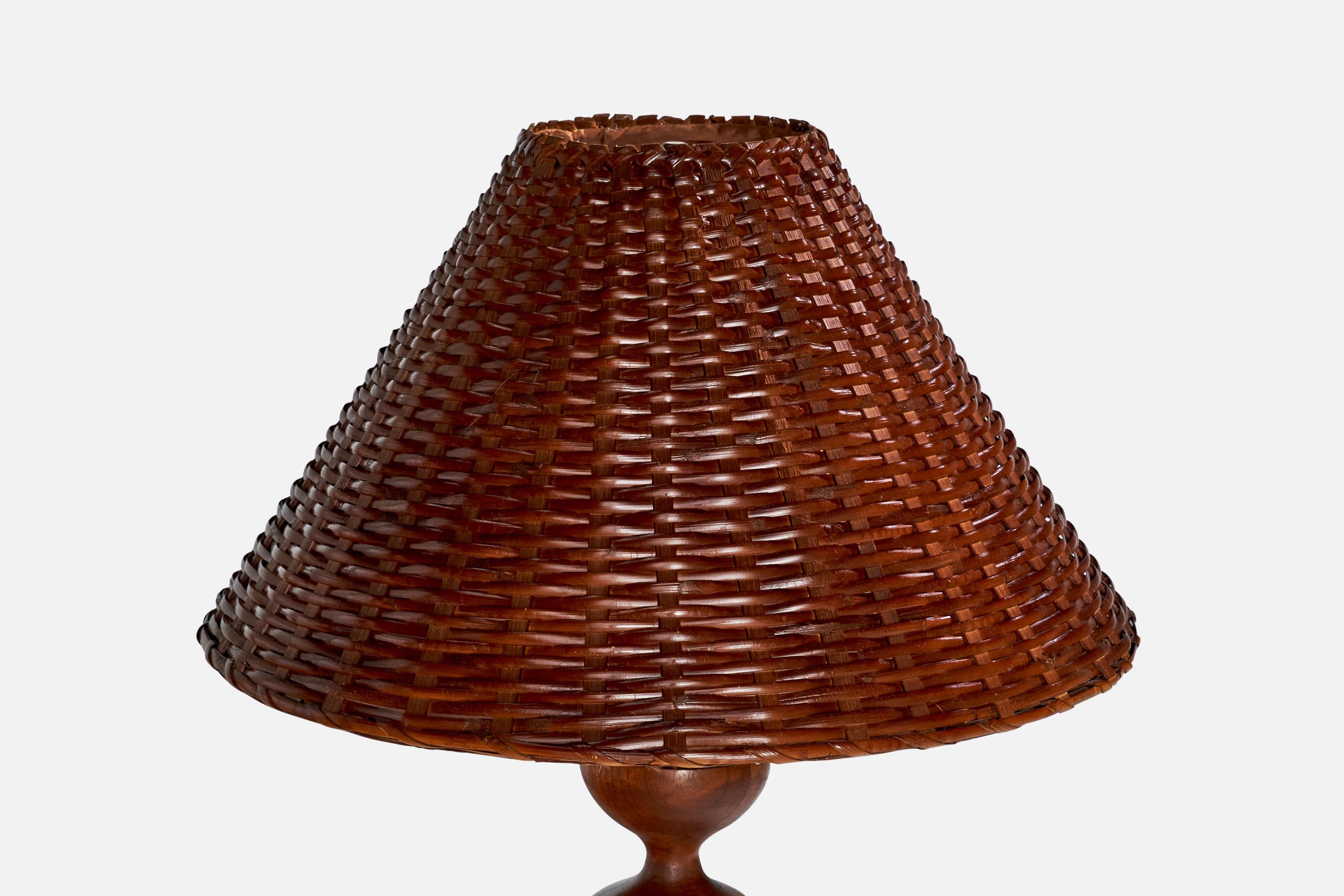 Mid-20th Century American Designer, Table Lamps, Wood, Brass, Rattan, USA, 1950s For Sale