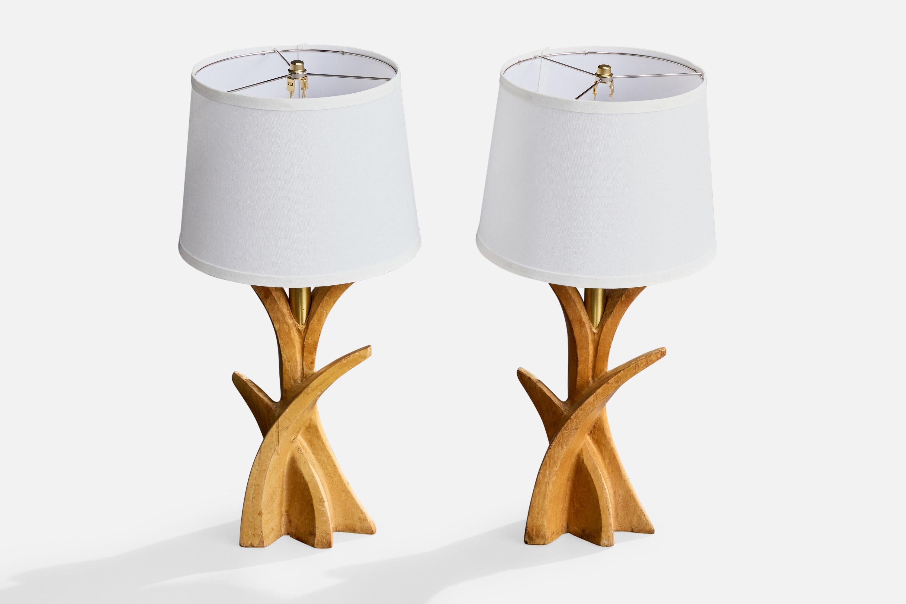 Américain Designer américain, lampes de table, Wood Wood, Brass, USA, années 1950 en vente