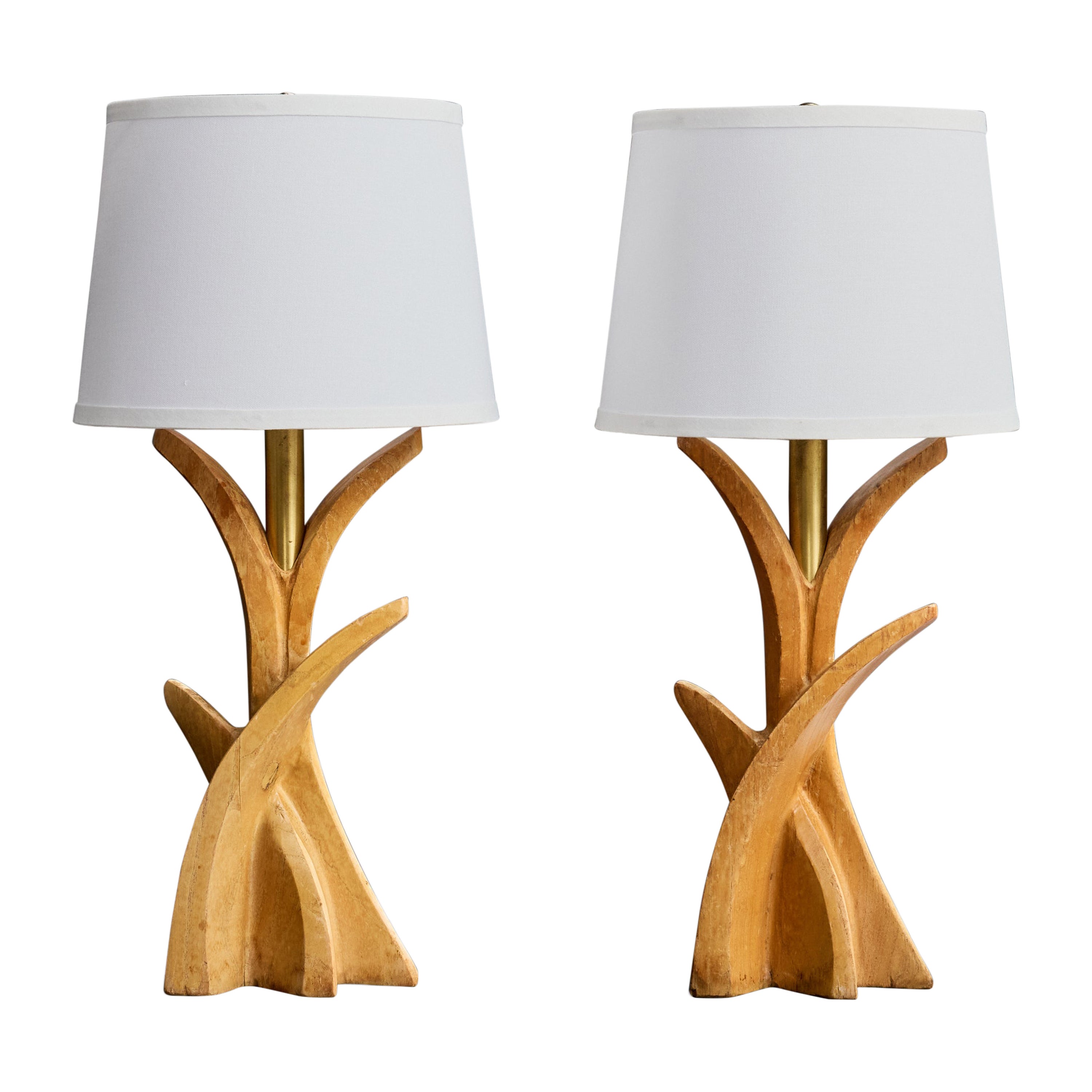 Designer américain, lampes de table, Wood Wood, Brass, USA, années 1950 en vente