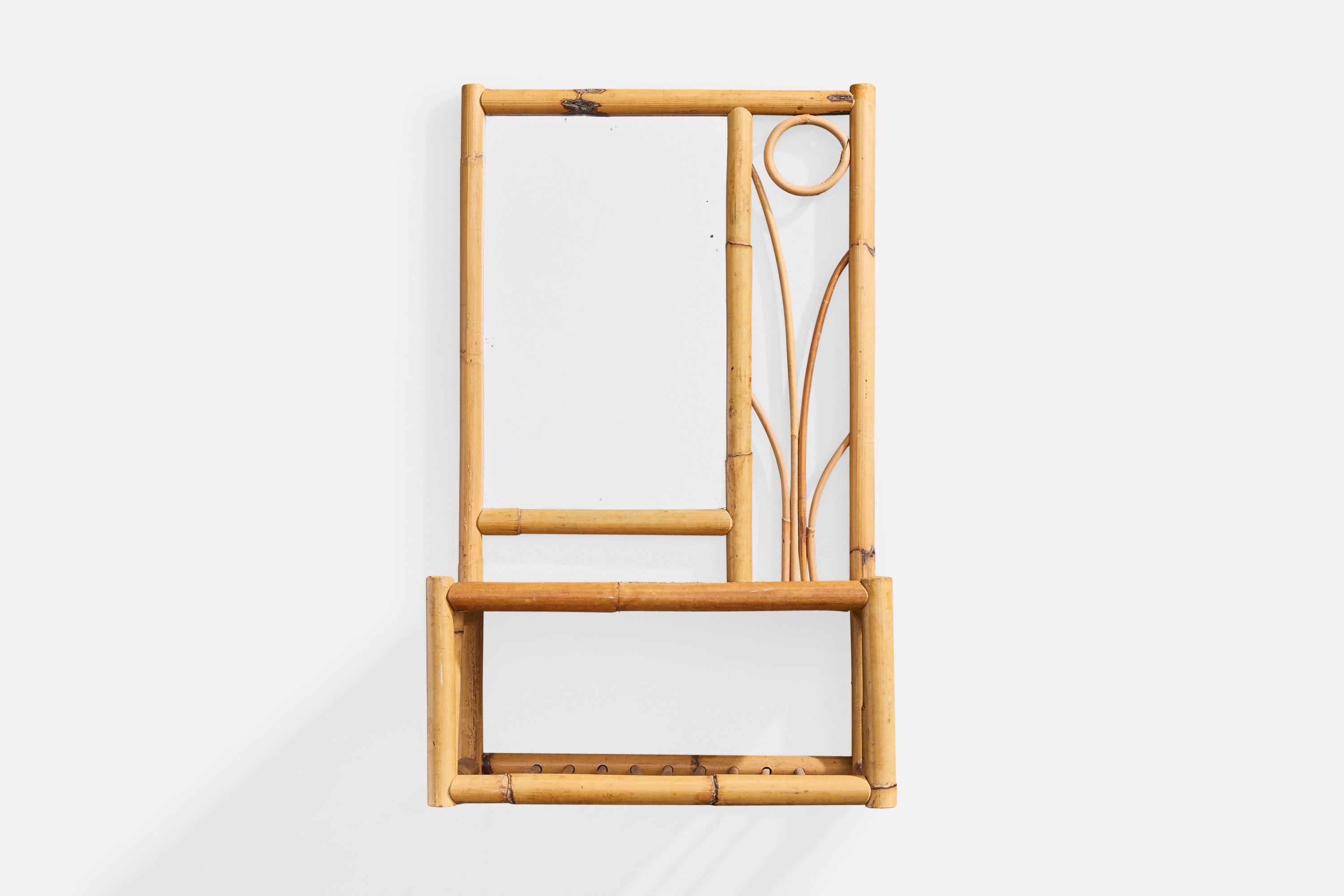 Mid-Century Modern American Designer, Wall Mirror with Console, Bamboo, Rattan, USA, 1950s For Sale