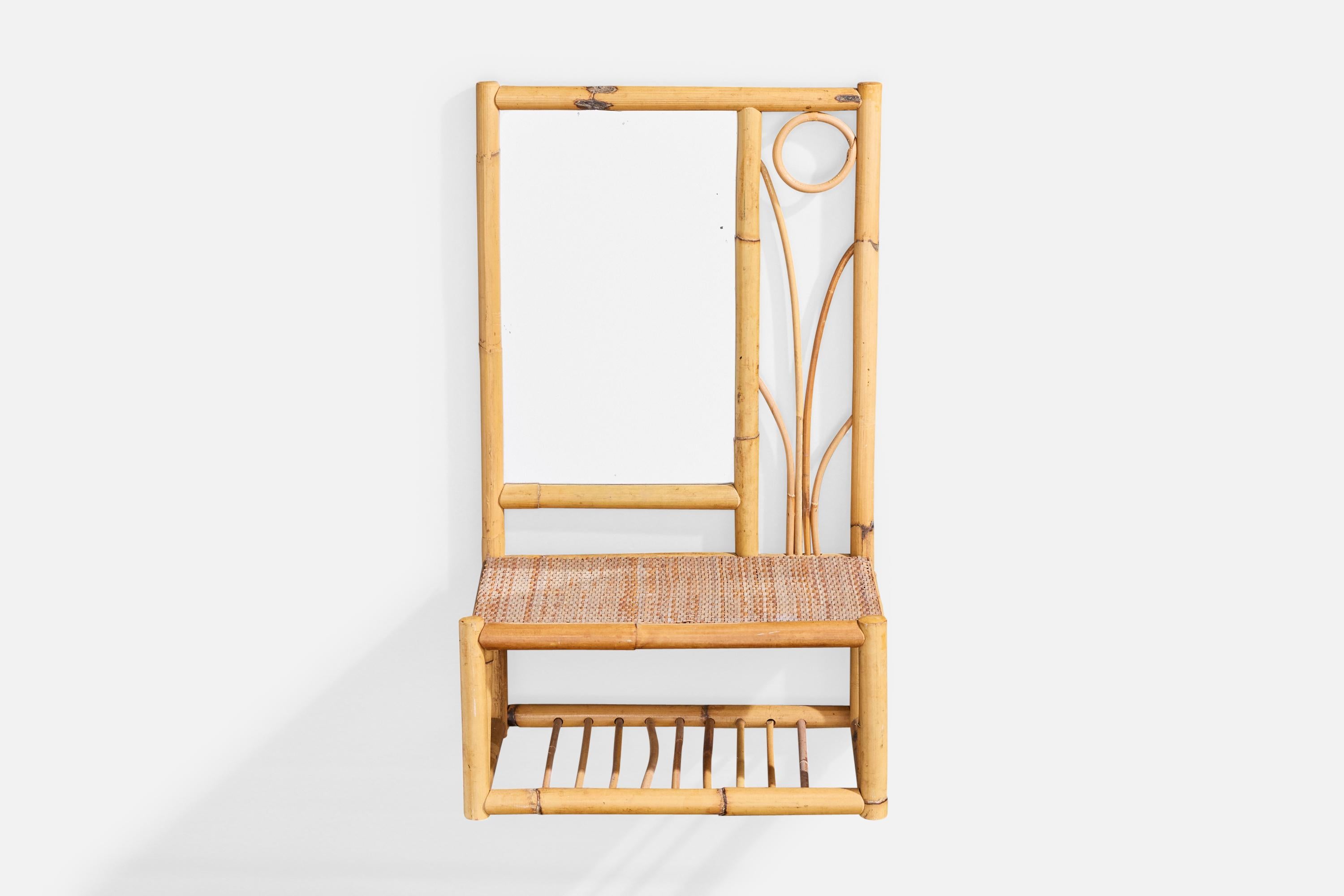 American Designer, Wall Mirror with Console, Bamboo, Rattan, USA, 1950s In Good Condition For Sale In High Point, NC