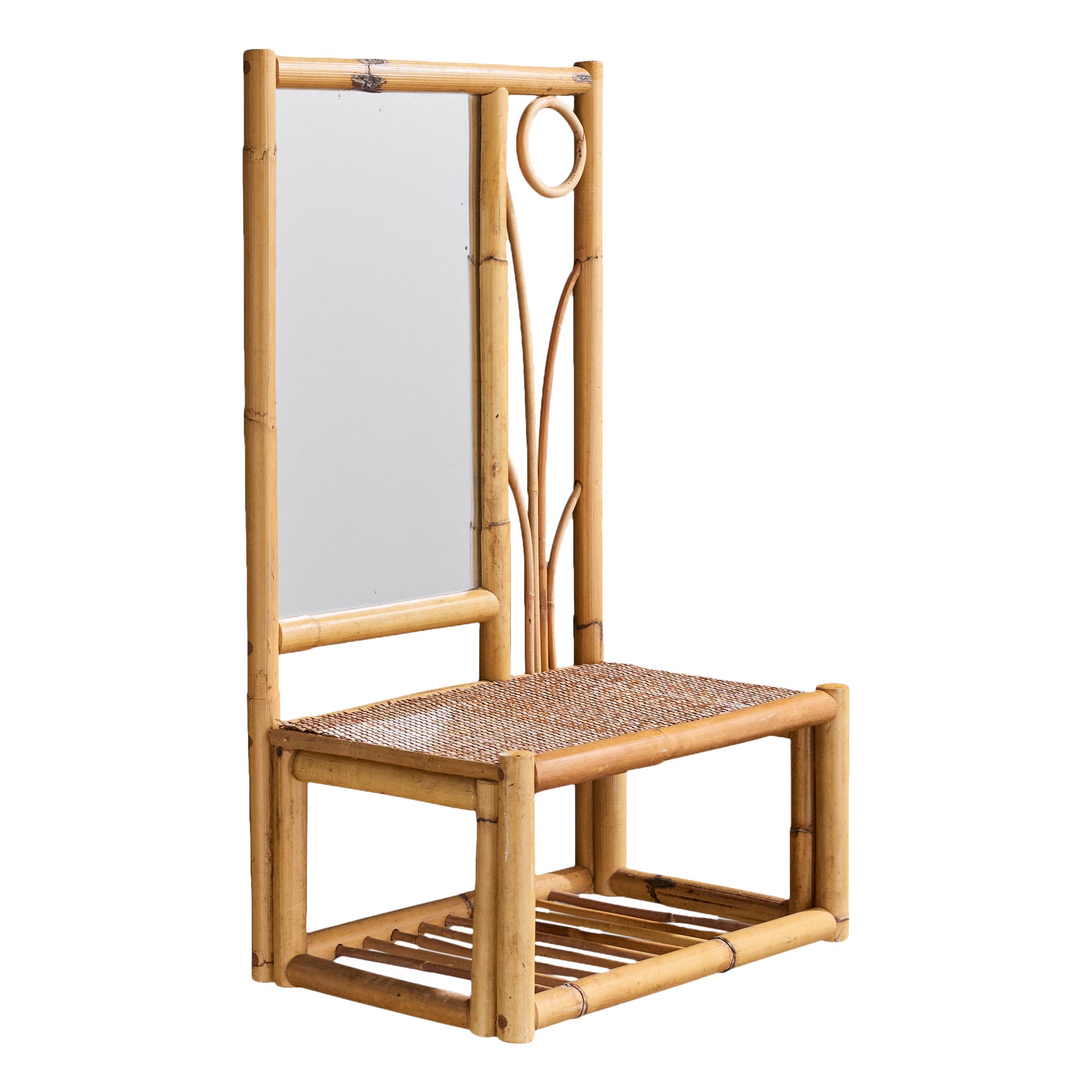 American Designer, Wall Mirror with Console, Bamboo, Rattan, USA, 1950s For Sale