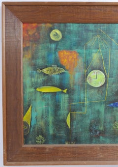 American Dreamlike Surrealist / Abstract Underwater Painting in Rustic Frame