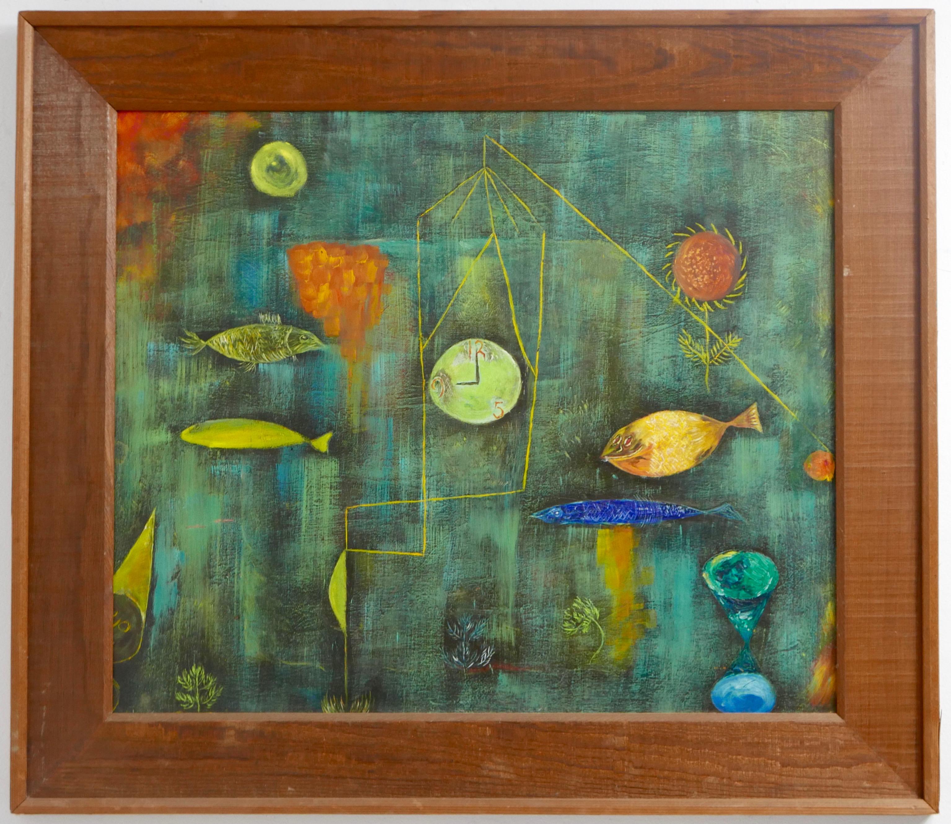 Mid-Century Modern  American Dreamlike Surrealist / Abstract Underwater Painting in Rustic Frame For Sale