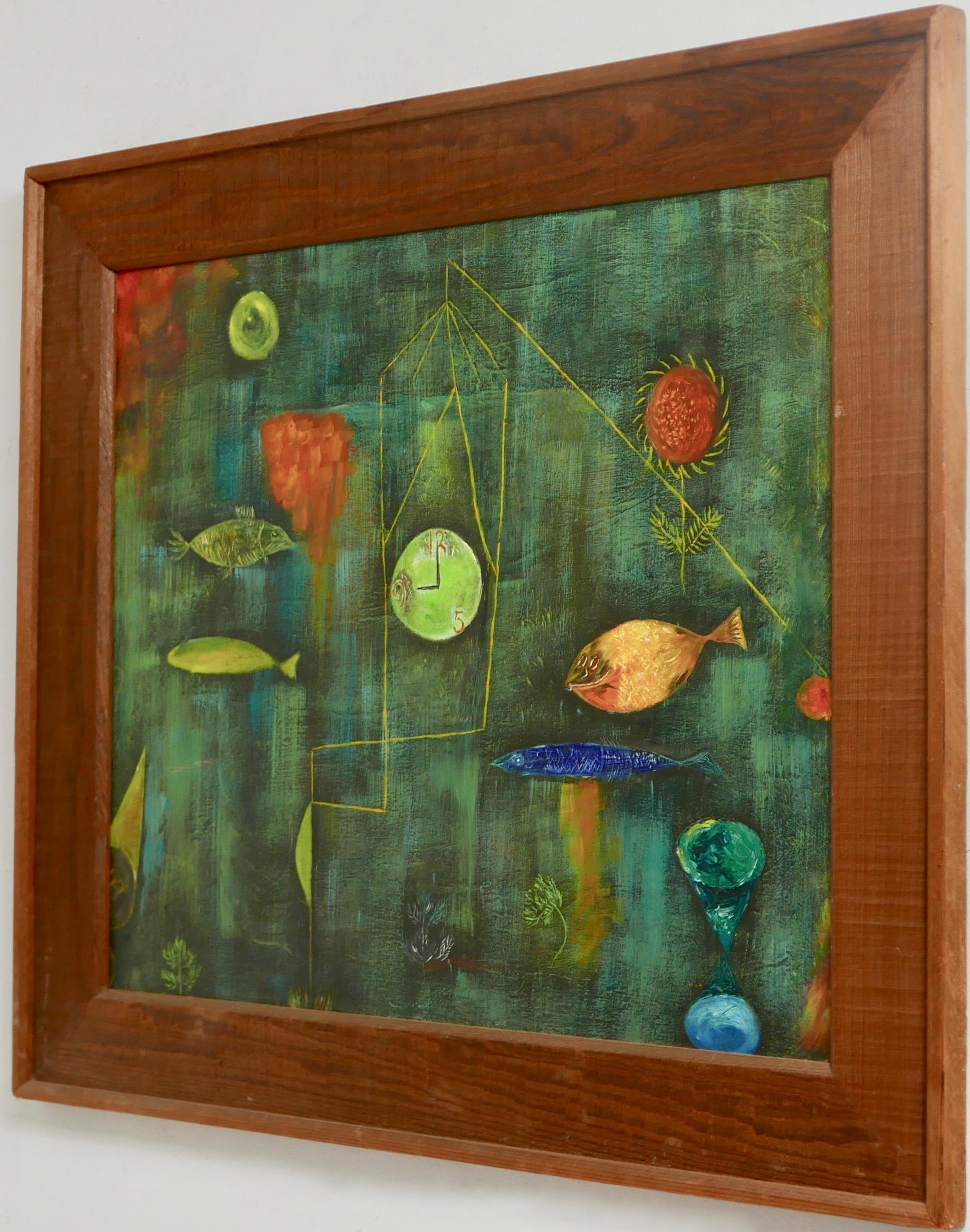  American Dreamlike Surrealist / Abstract Underwater Painting in Rustic Frame In Good Condition For Sale In San Francisco, CA
