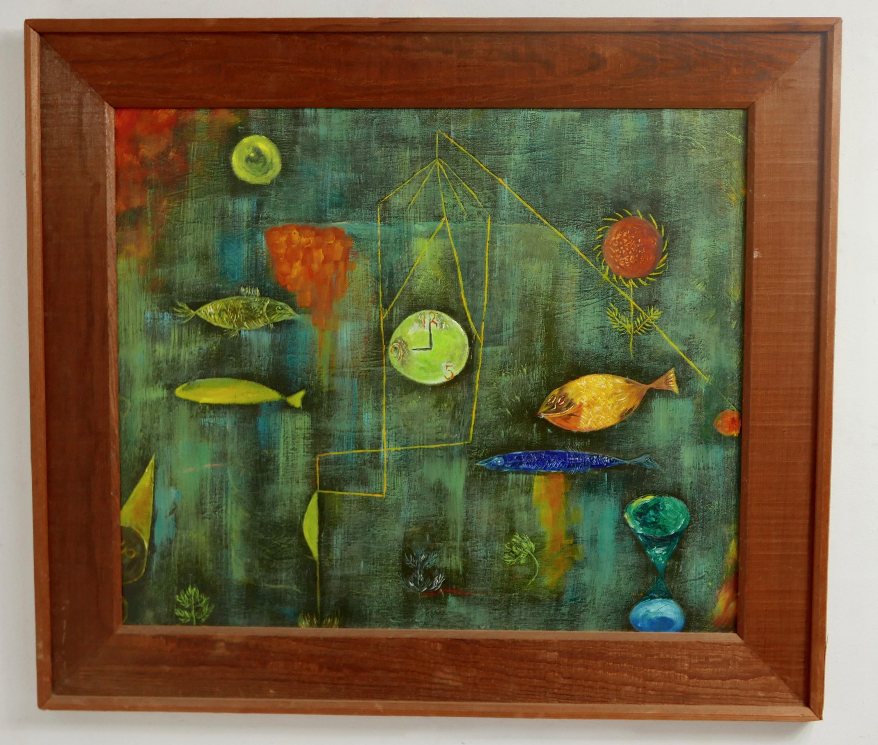 Acrylic  American Dreamlike Surrealist / Abstract Underwater Painting in Rustic Frame For Sale
