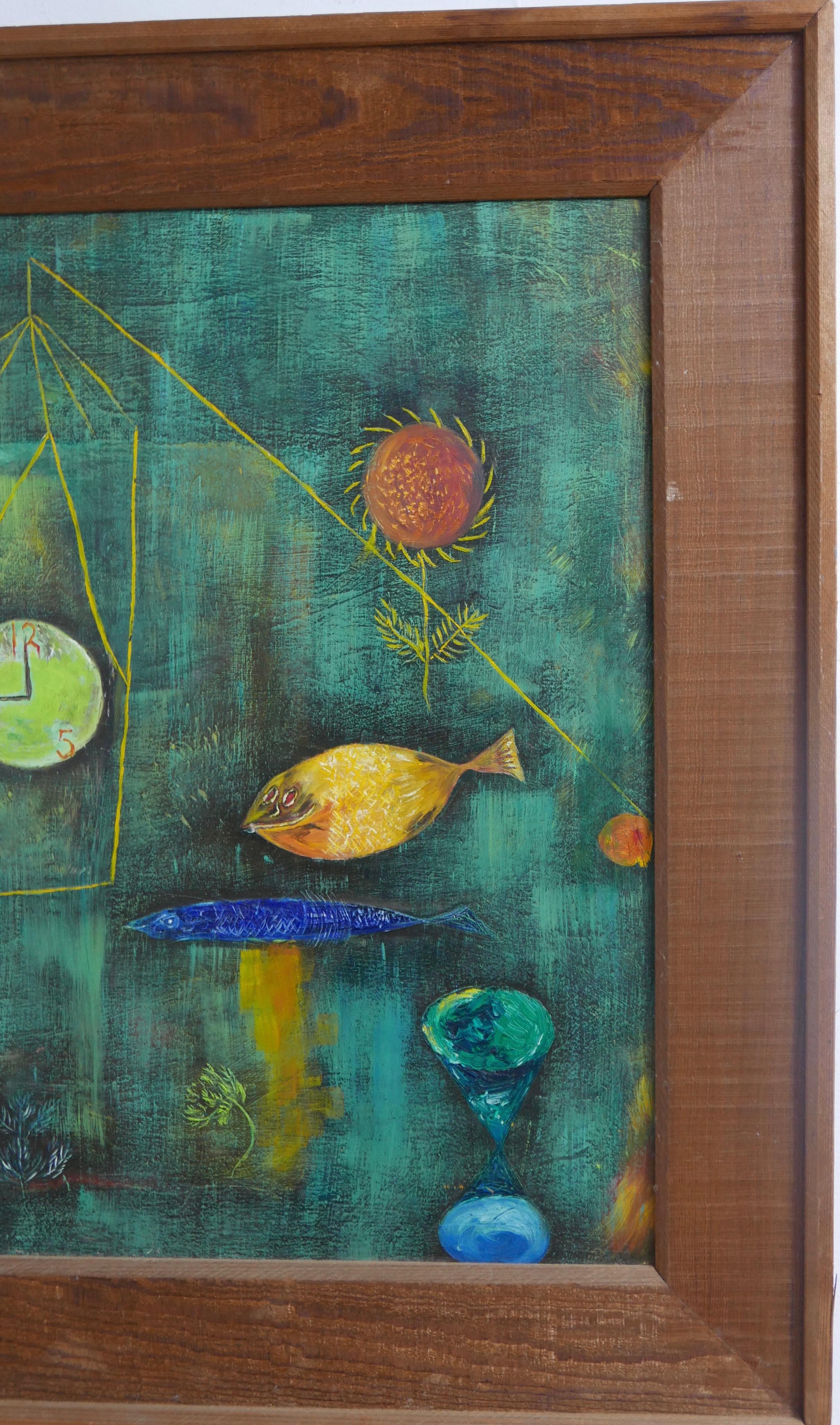  American Dreamlike Surrealist / Abstract Underwater Painting in Rustic Frame For Sale 1