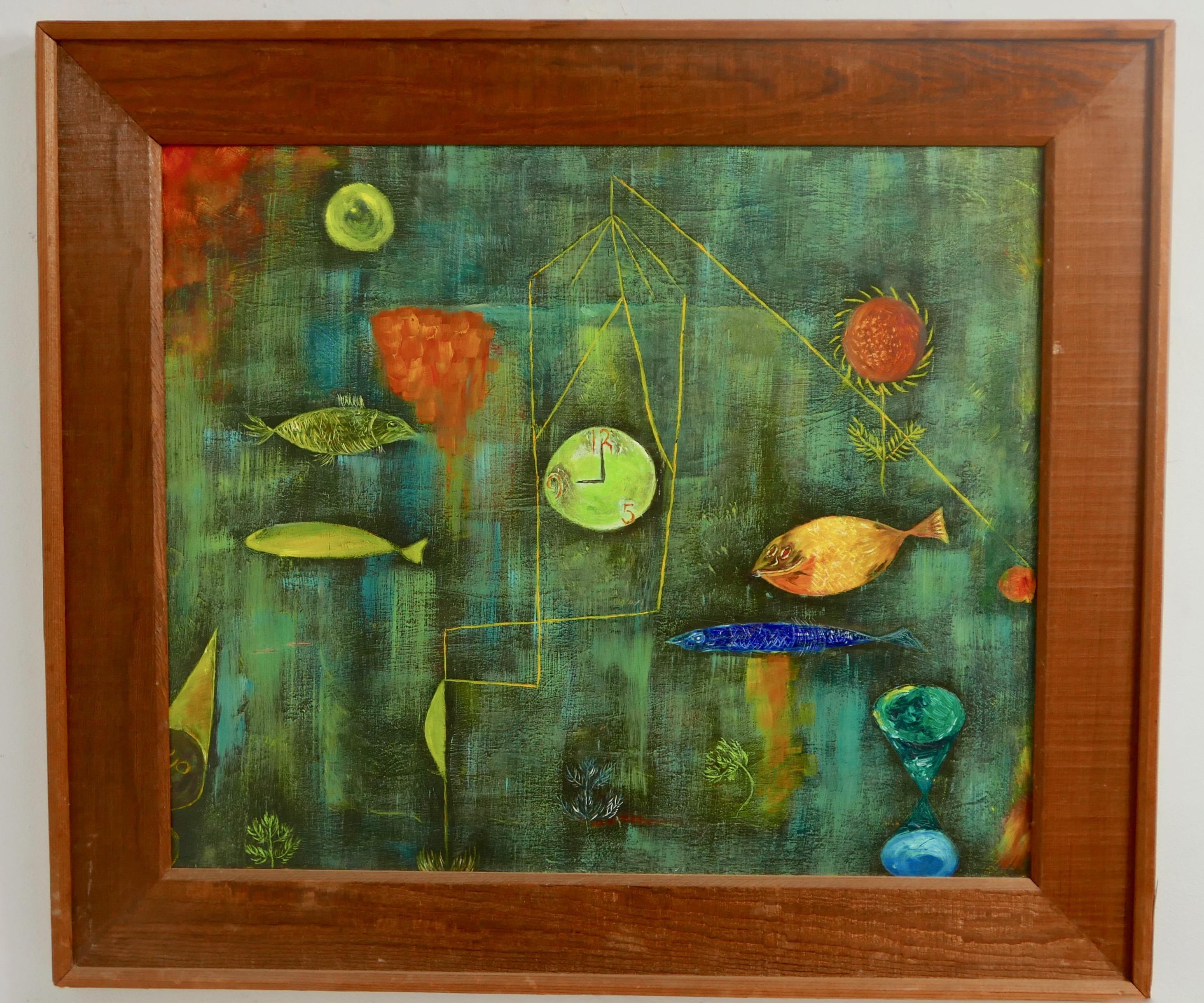  American Dreamlike Surrealist / Abstract Underwater Painting in Rustic Frame For Sale 2