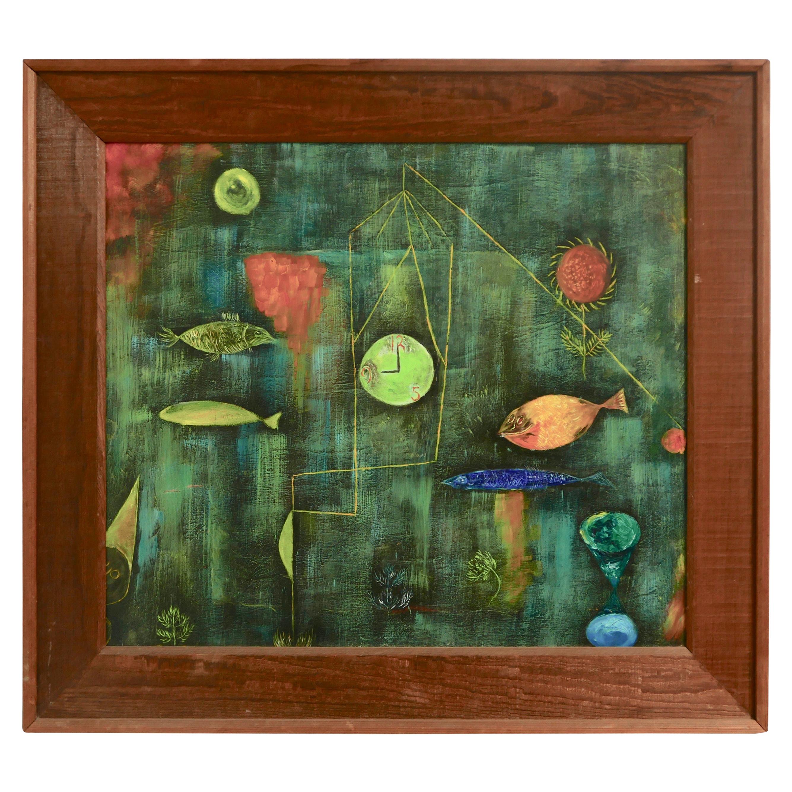 Pintura Americana Surrealista / Abstracta Submarina de Ensueño en Marco Rústico