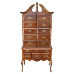 American Drew Queen Anne Style Cherry Highboy Dry Bar Liquor Display Cabinet