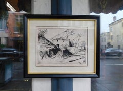 Gravure à l'eau-forte américaine à pointe sèche d'une maison italienne sur Hill Side, A. Hutty vers 1920