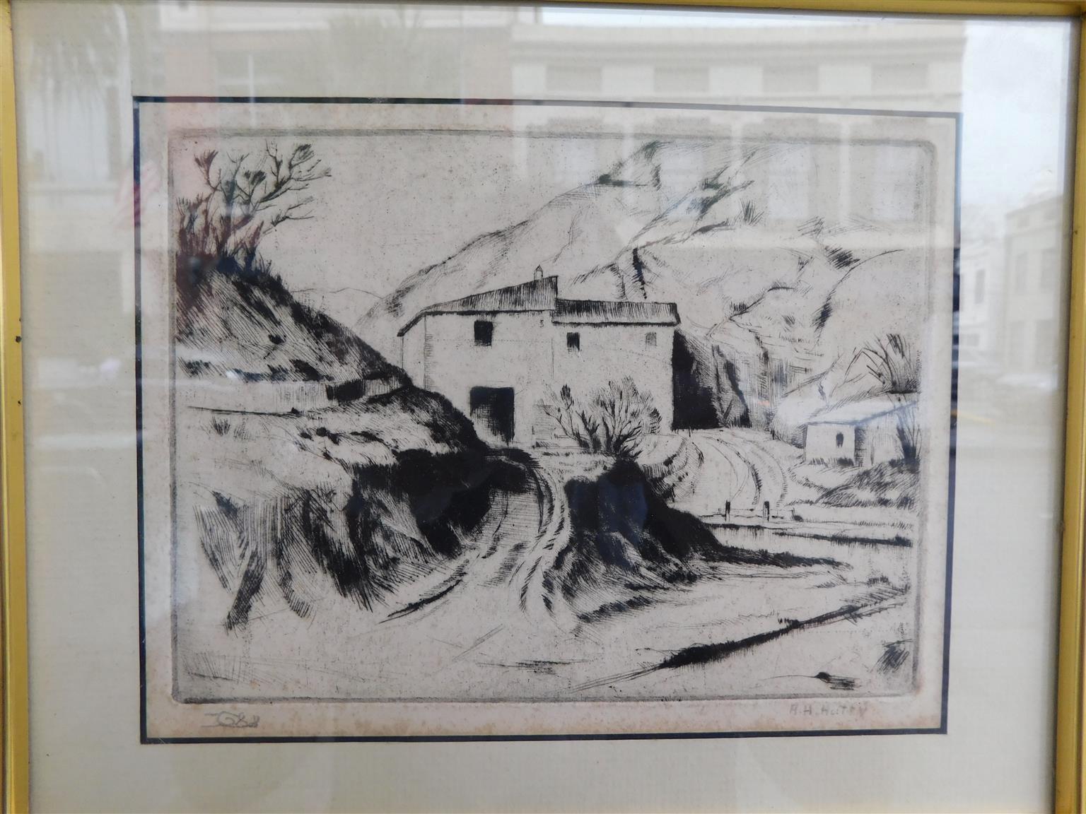 American Dry Point Engraved Etching Italian House on Hill Side, A. Hutty C 1920  In Excellent Condition For Sale In Hollywood, SC