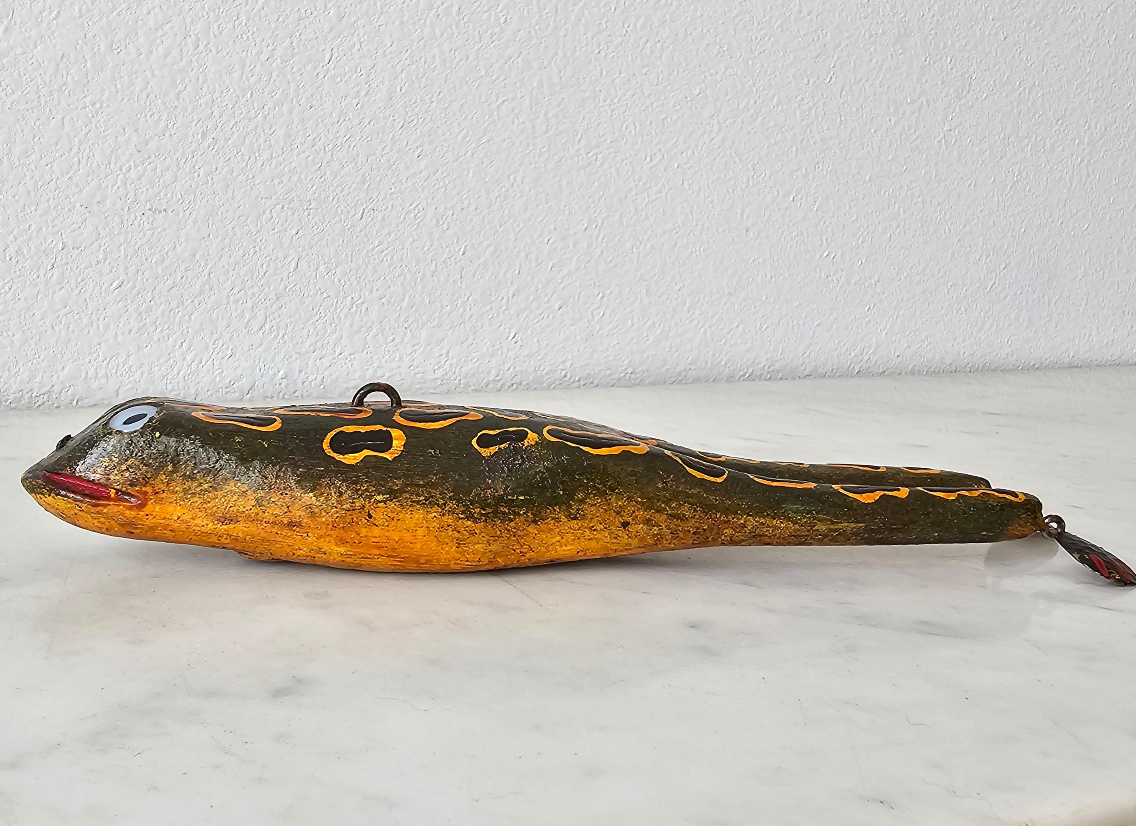 Folk Art American Duluth Fish Decoy DFD Signed Carved Painted Wood Frog Sculpture