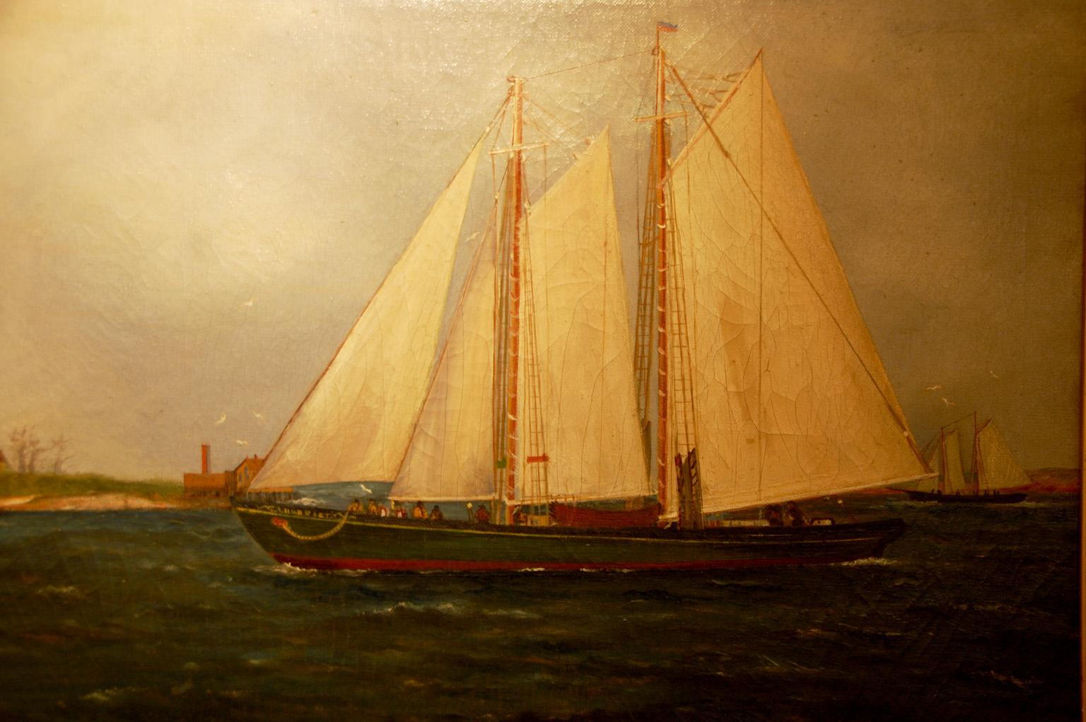 American E. A. Harvey original oil painting on canvas, a portrait of the two masted schooner 