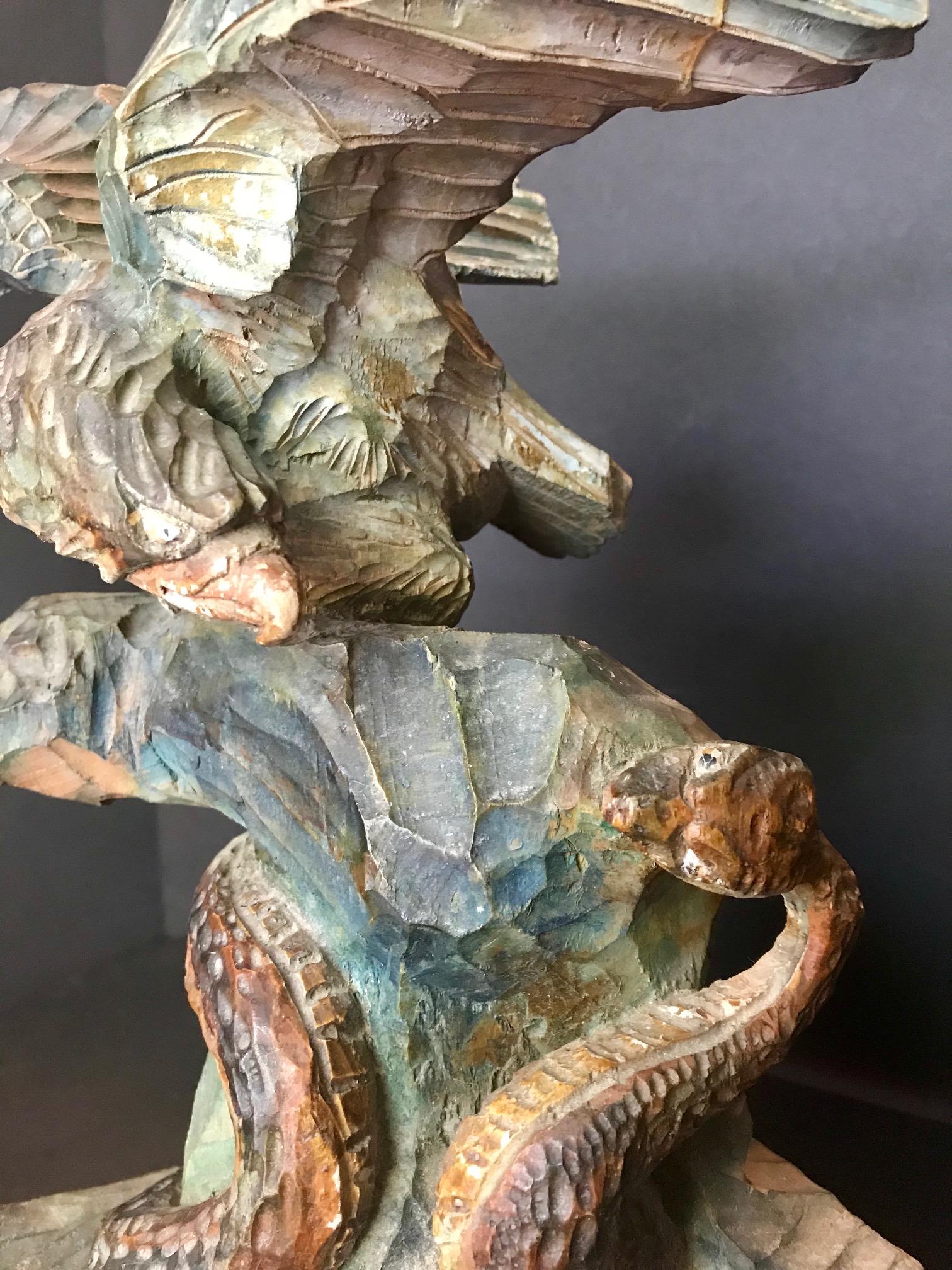 Hand-Carved American Eagle and Rattlesnake Patriotic Folk Art Wood Carving, circa 1900