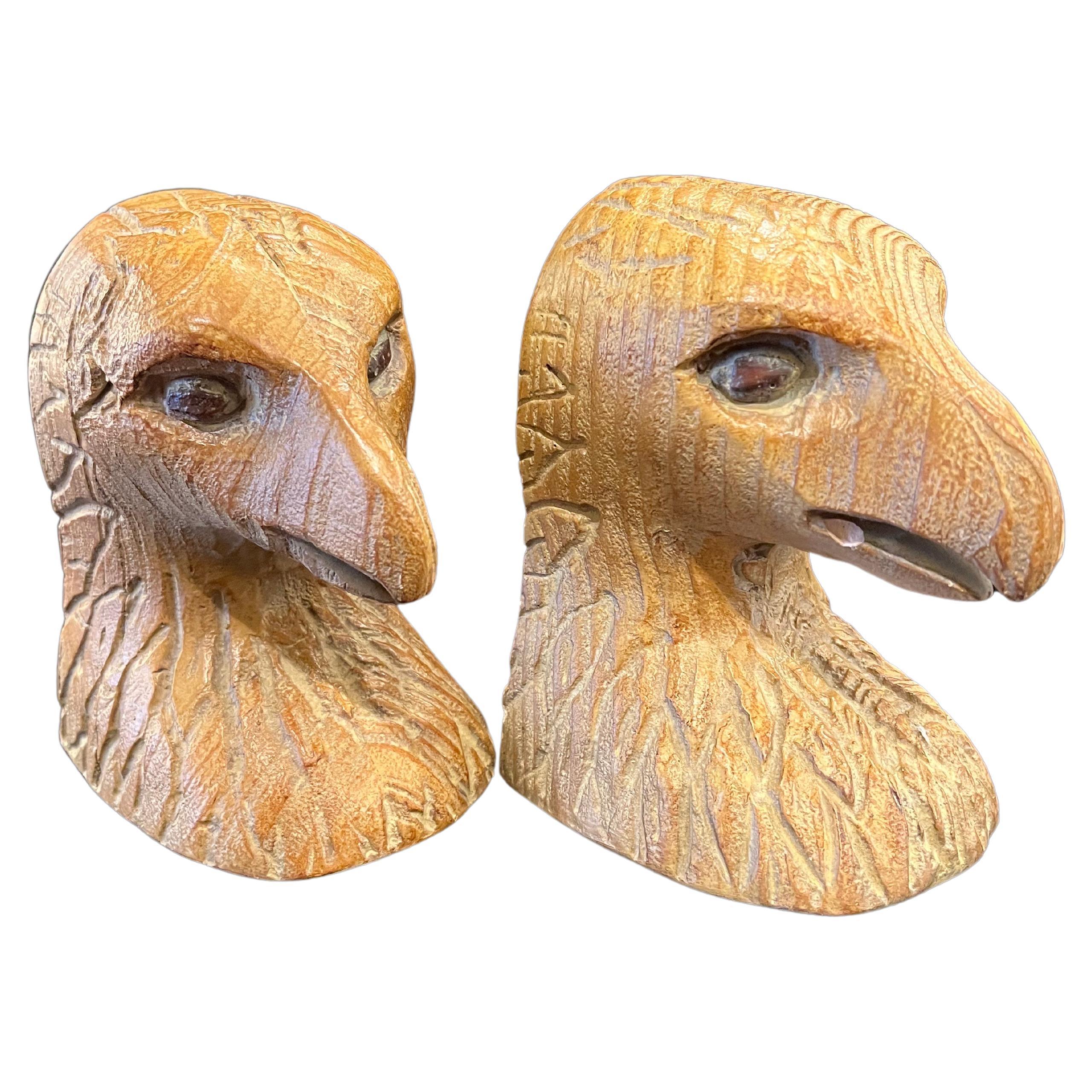 Hand-Carved American Eagle Ceramic Bookends Faux Wood Finish For Sale
