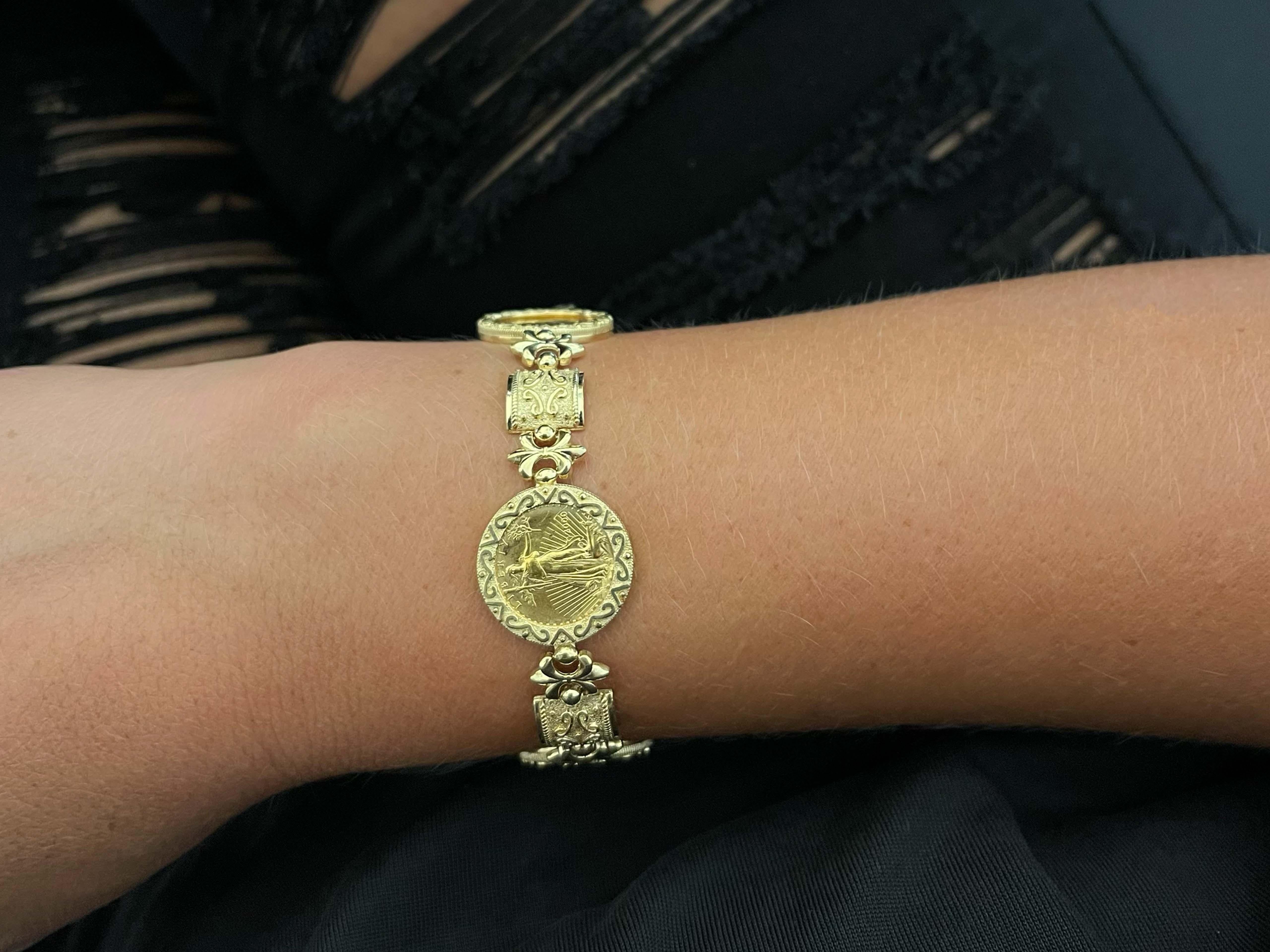 Item Specification:

Type: Coin Bracelet 
Metal: 14k Yellow Gold, 22K Gold Coins

Total Weight: 23.3 grams

Coins: 3 x 1/10 American Eagle Gold Coins

Bracelet Length: ~7 inches
​
​Bracelet Width: 19.4 mm at widest part 

Condition: Vintage in