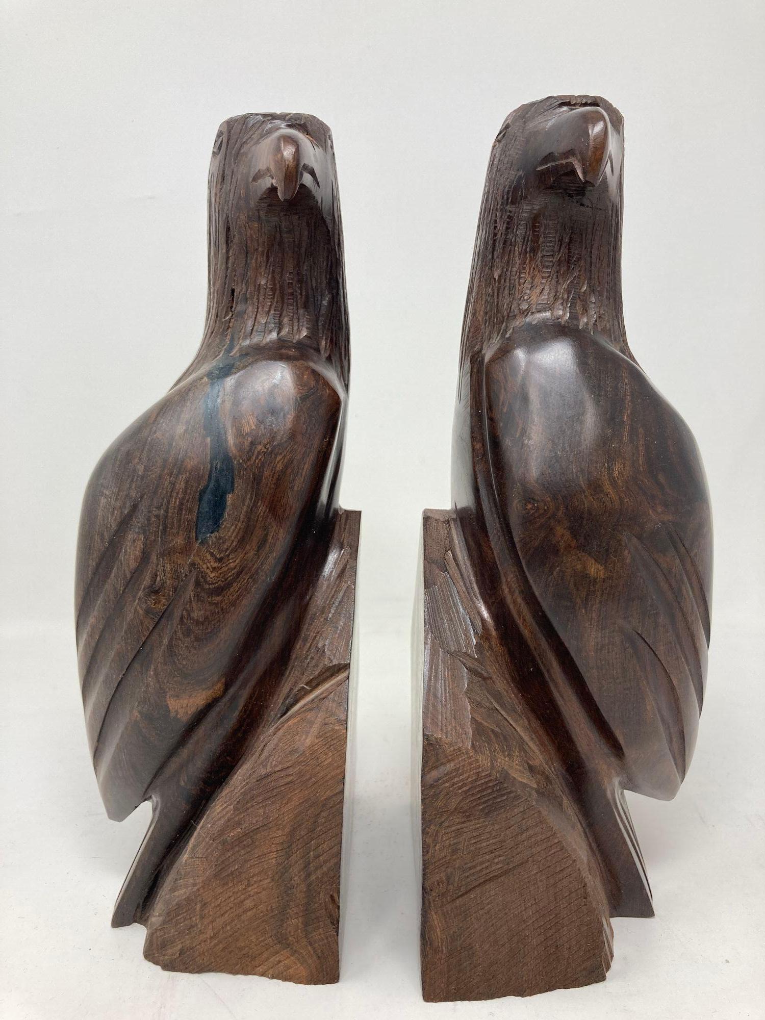 Folk Art American Eagle Hand Carved Seri Ironwood Bookends 1960 For Sale