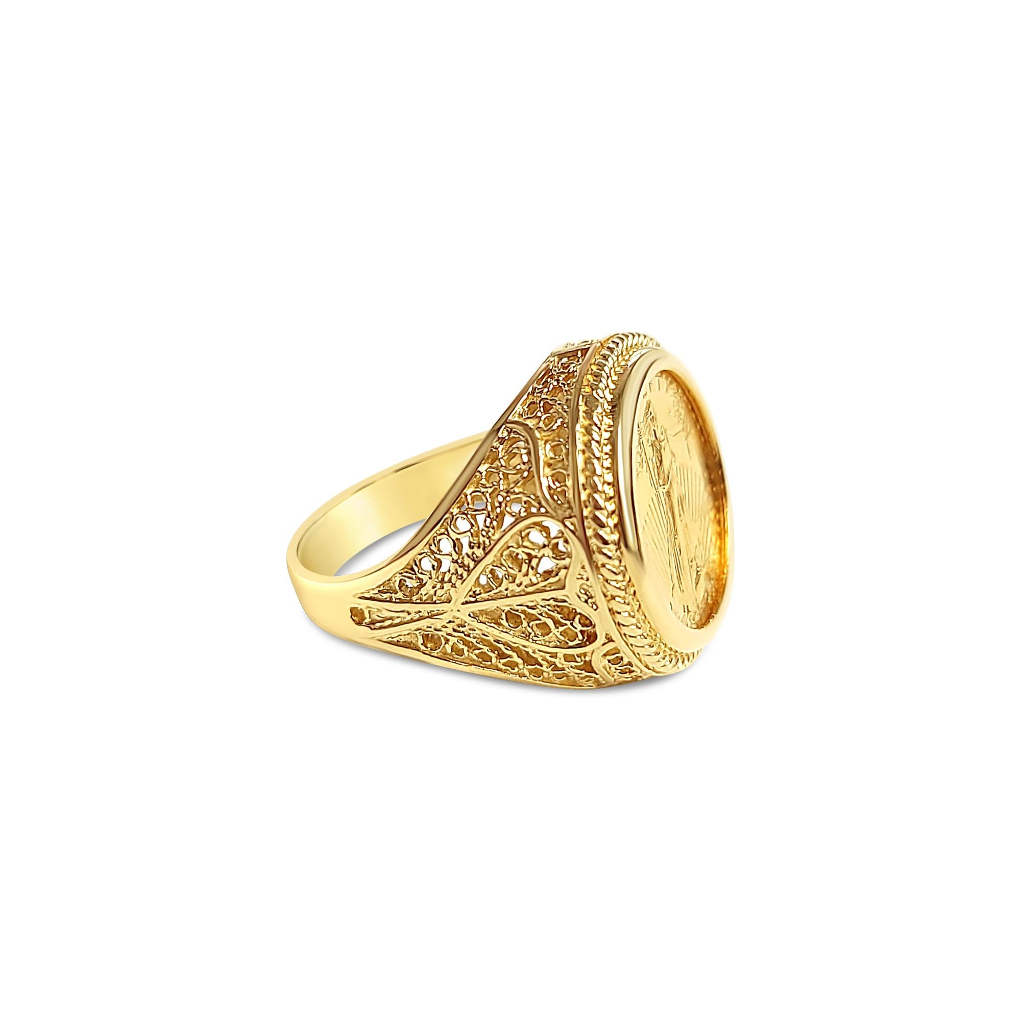 American Eagle Lady Liberty 1/10OZ 22K Fine Gold Ring with Rope & Heart Design Band

The elegant Rope & Heart Design band adds a touch of romance and sophistication to this symbolic piece. Crafted with meticulous artistry, this ring is a timeless