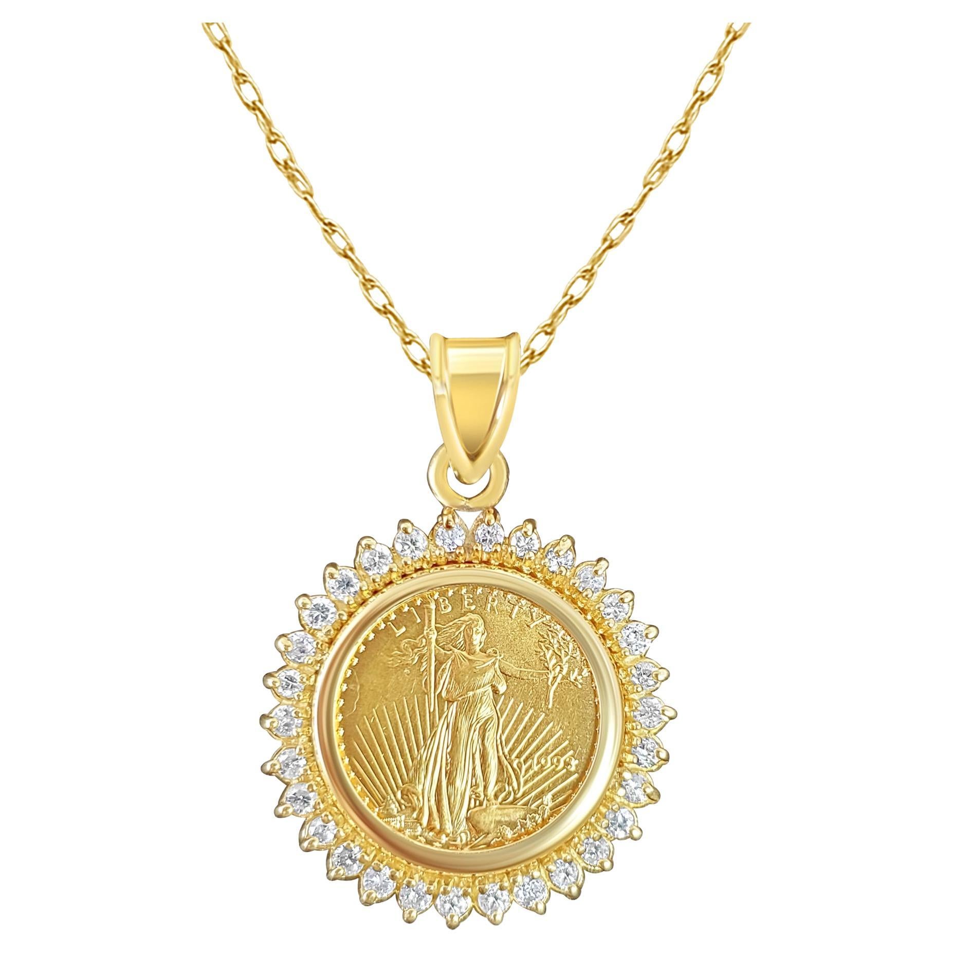 American Eagle Lady Liberty Medallion with Diamond Halo Pendant For Sale