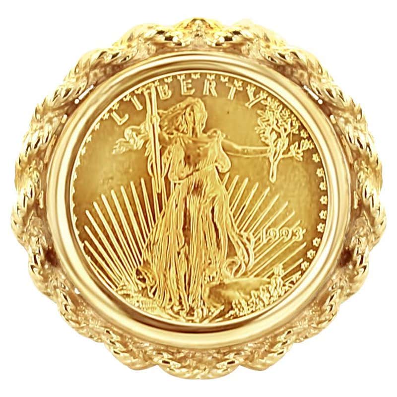 American Eagle Lady Liberty Coin Ring with 14k Yellow Gold Rope Band ...