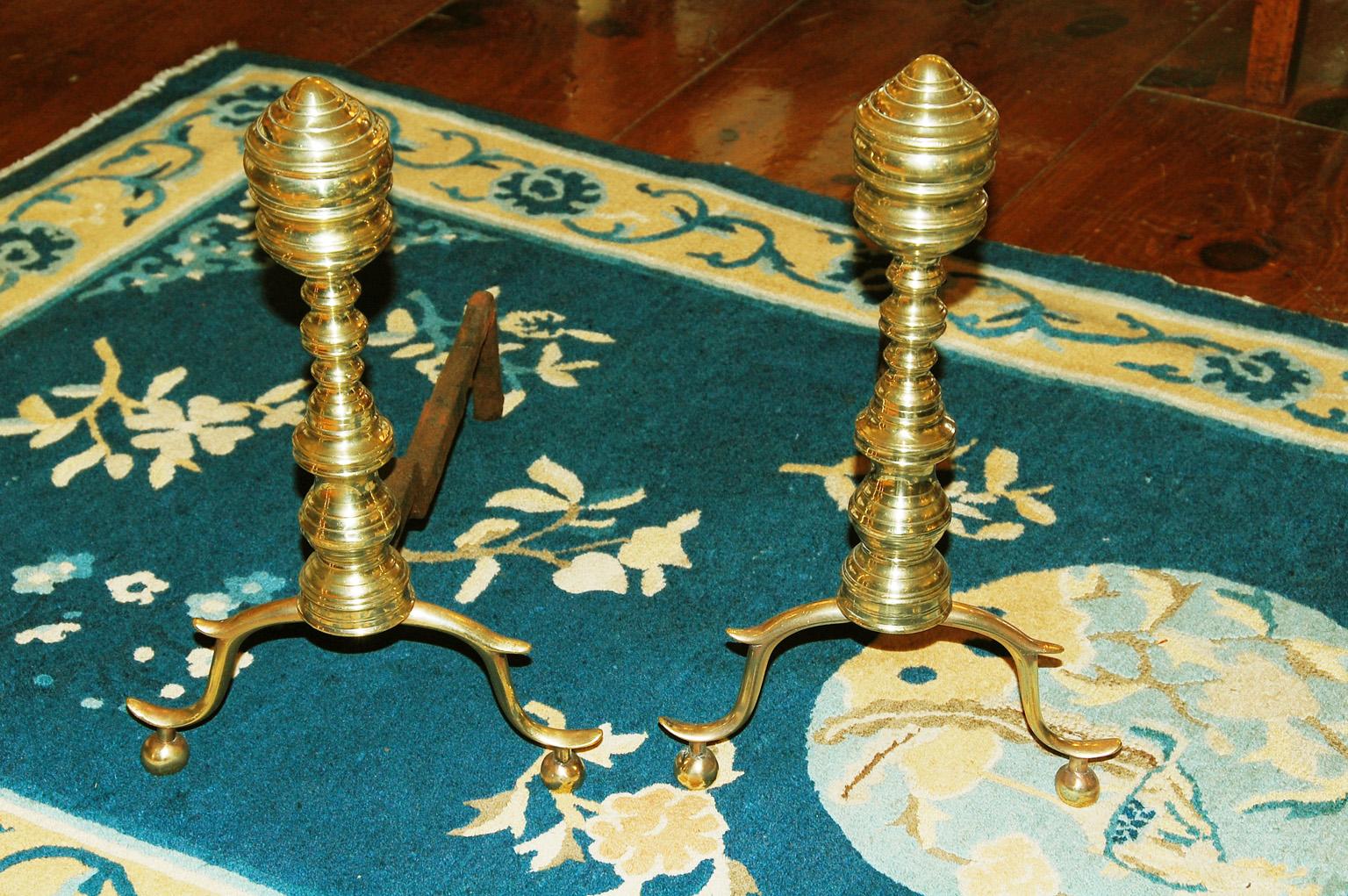 American Early 19th Century Empire Seamed Brass Andirons 2