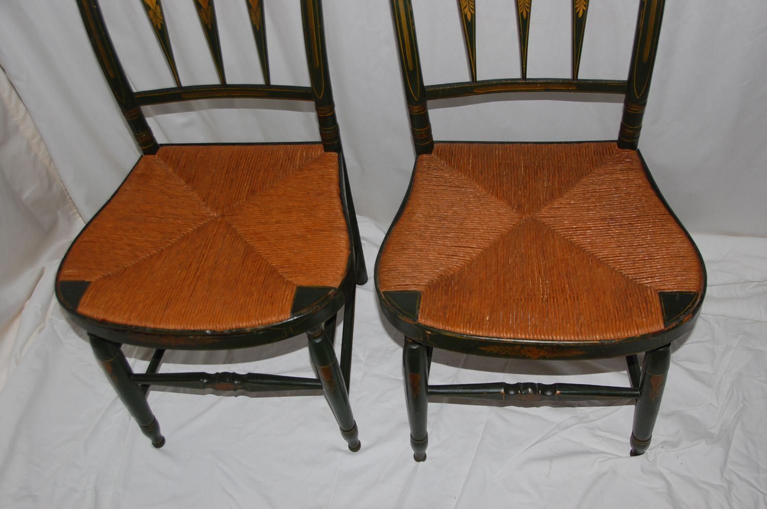 Rush American Early 19th Century Sheraton Pair of Painted Arrowback Side Chairs