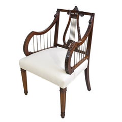 Antique American Lyre-Back Armchair in Mahogany with Upholstered Seat, circa 1930