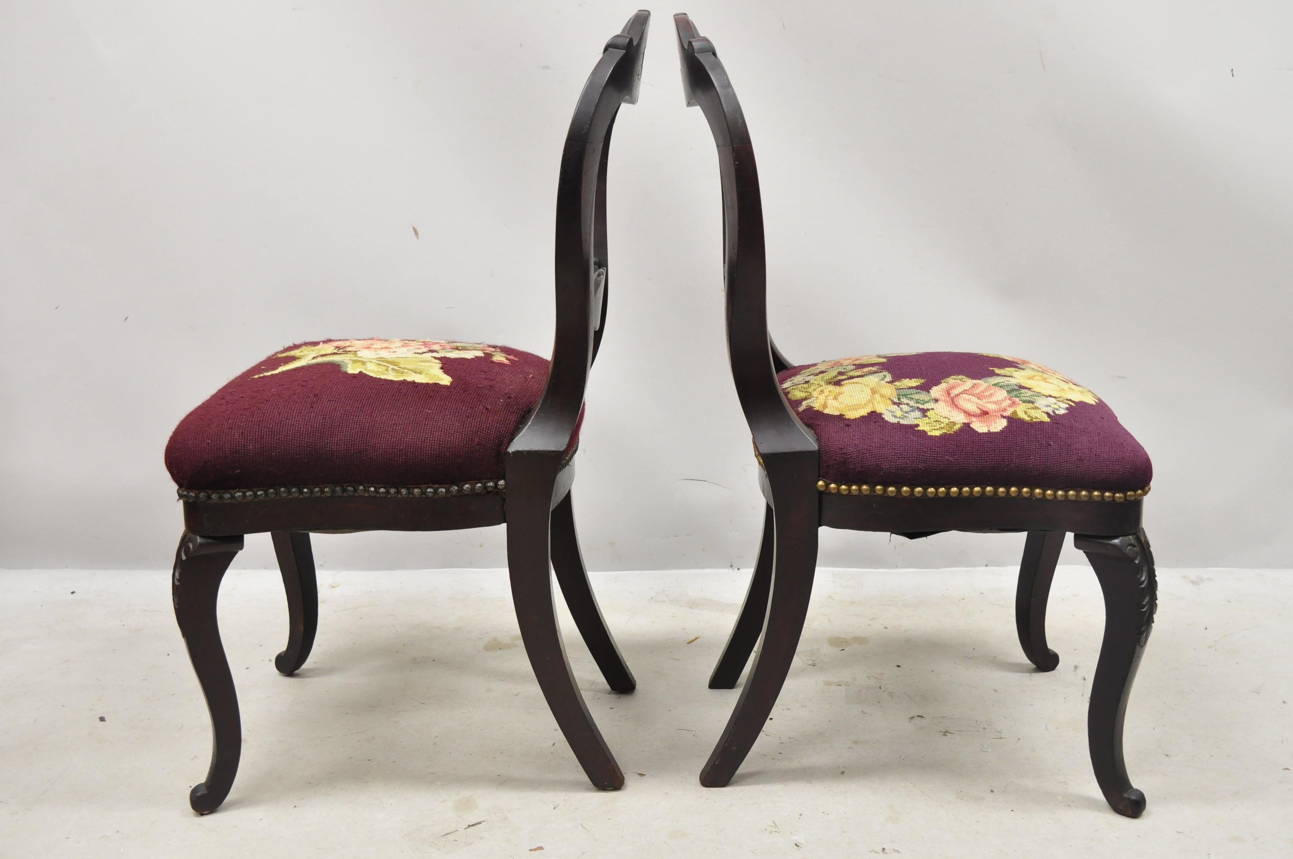 American Eastlake Victorian Carved Mahogany Needlepoint Side Chairs, a Pair For Sale 3