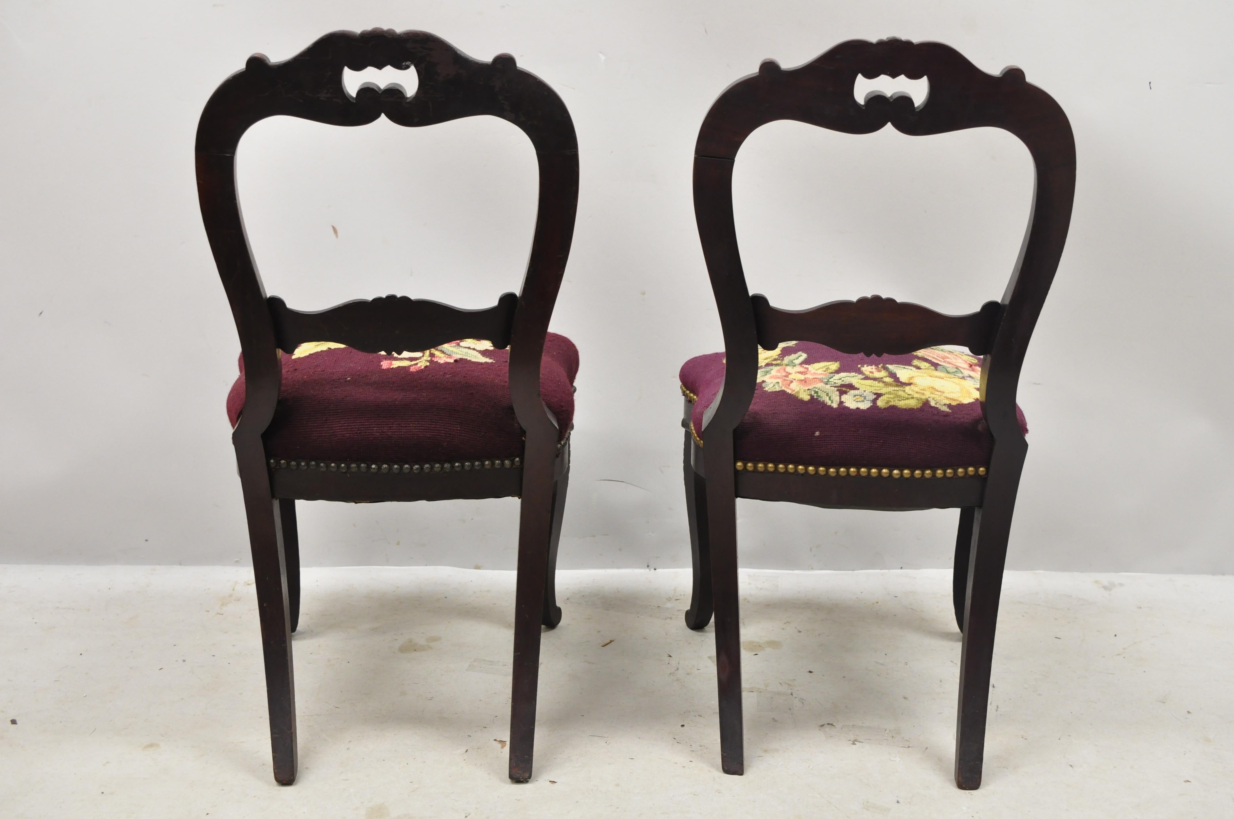 Fabric American Eastlake Victorian Carved Mahogany Needlepoint Side Chairs, a Pair For Sale