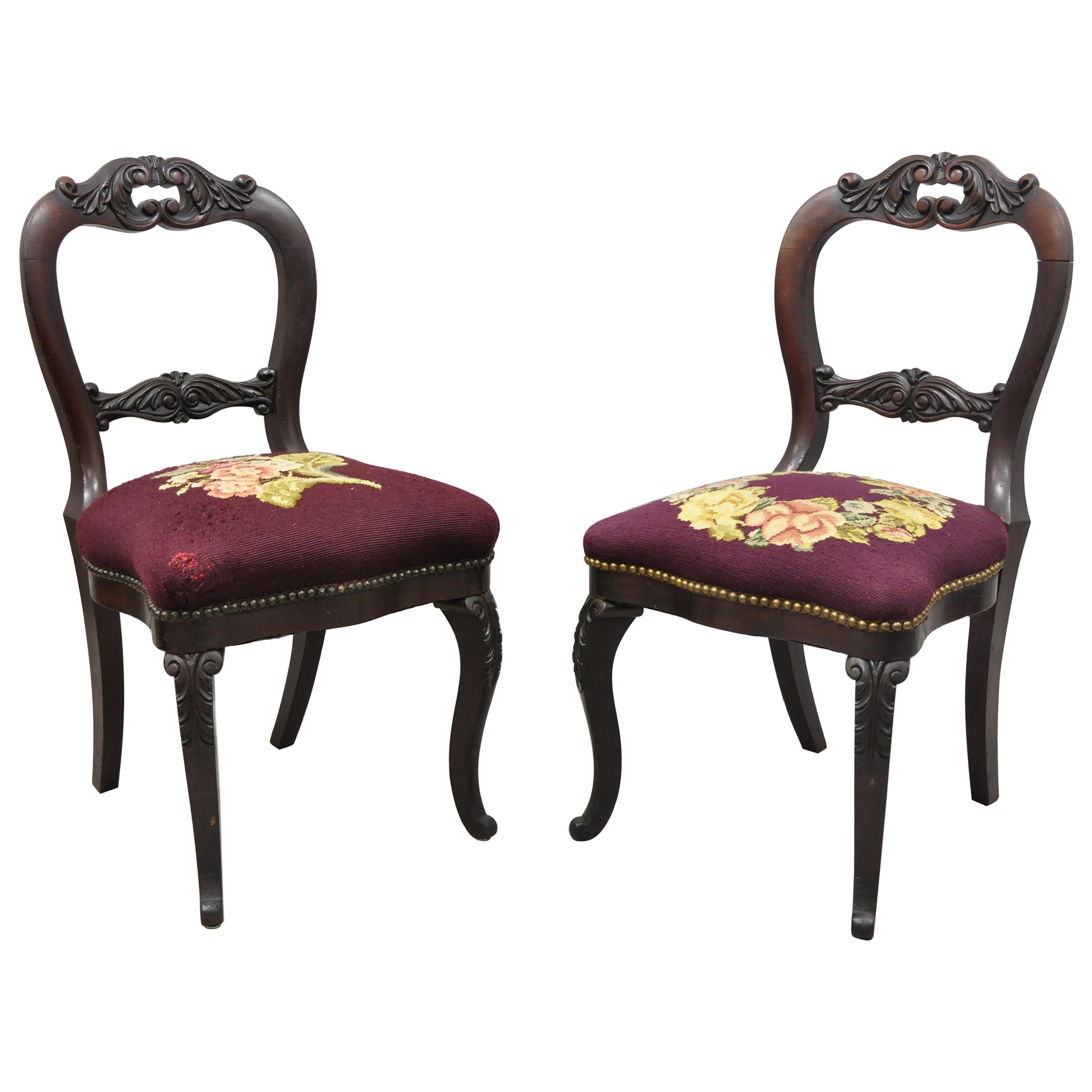 American Eastlake Victorian Carved Mahogany Needlepoint Side Chairs, a Pair For Sale