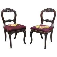 American Eastlake Victorian Carved Mahogany Needlepoint Side Chairs, a Pair