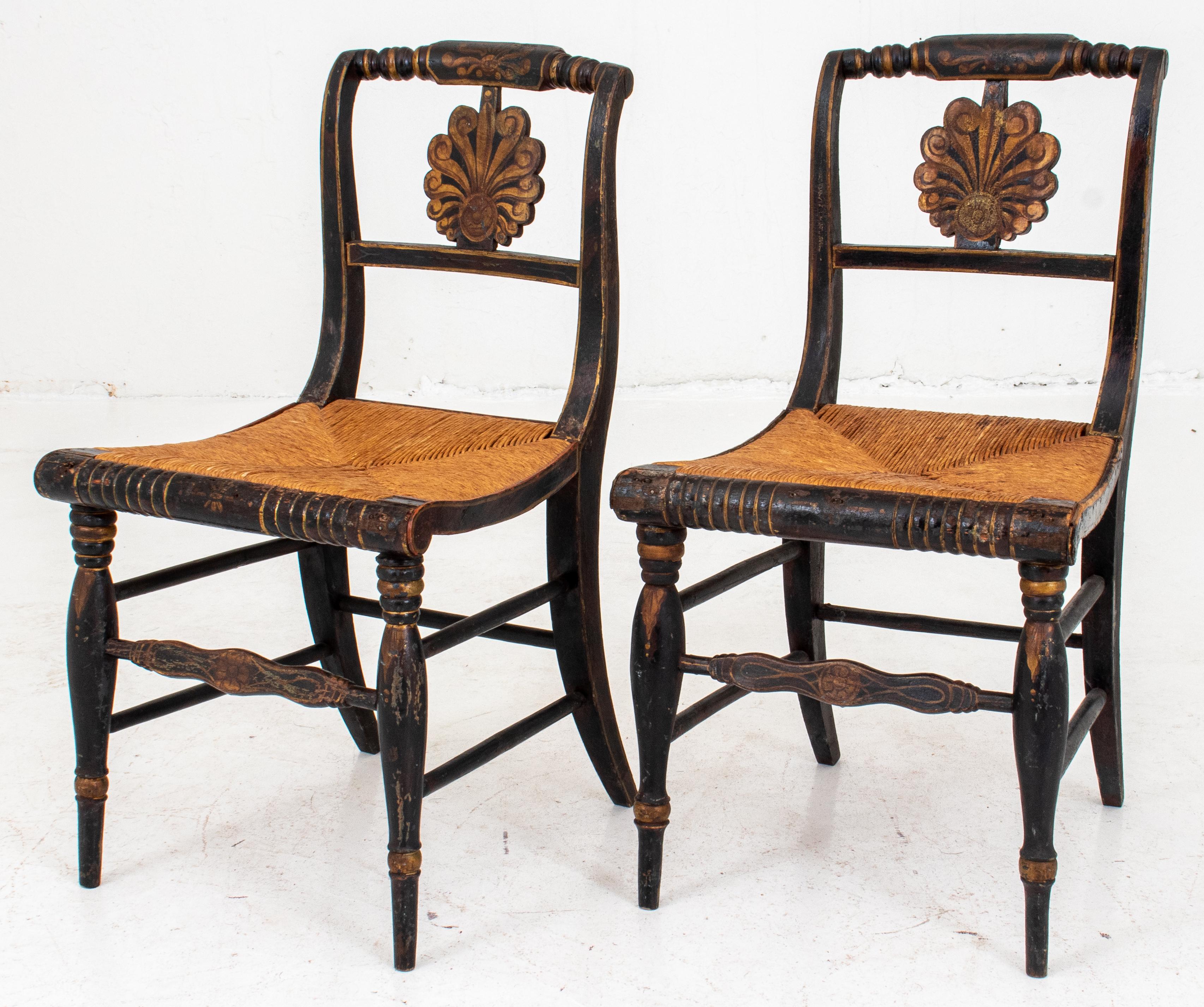 American Empire American Ebonized and Painted Wood Rush Chairs, Pair