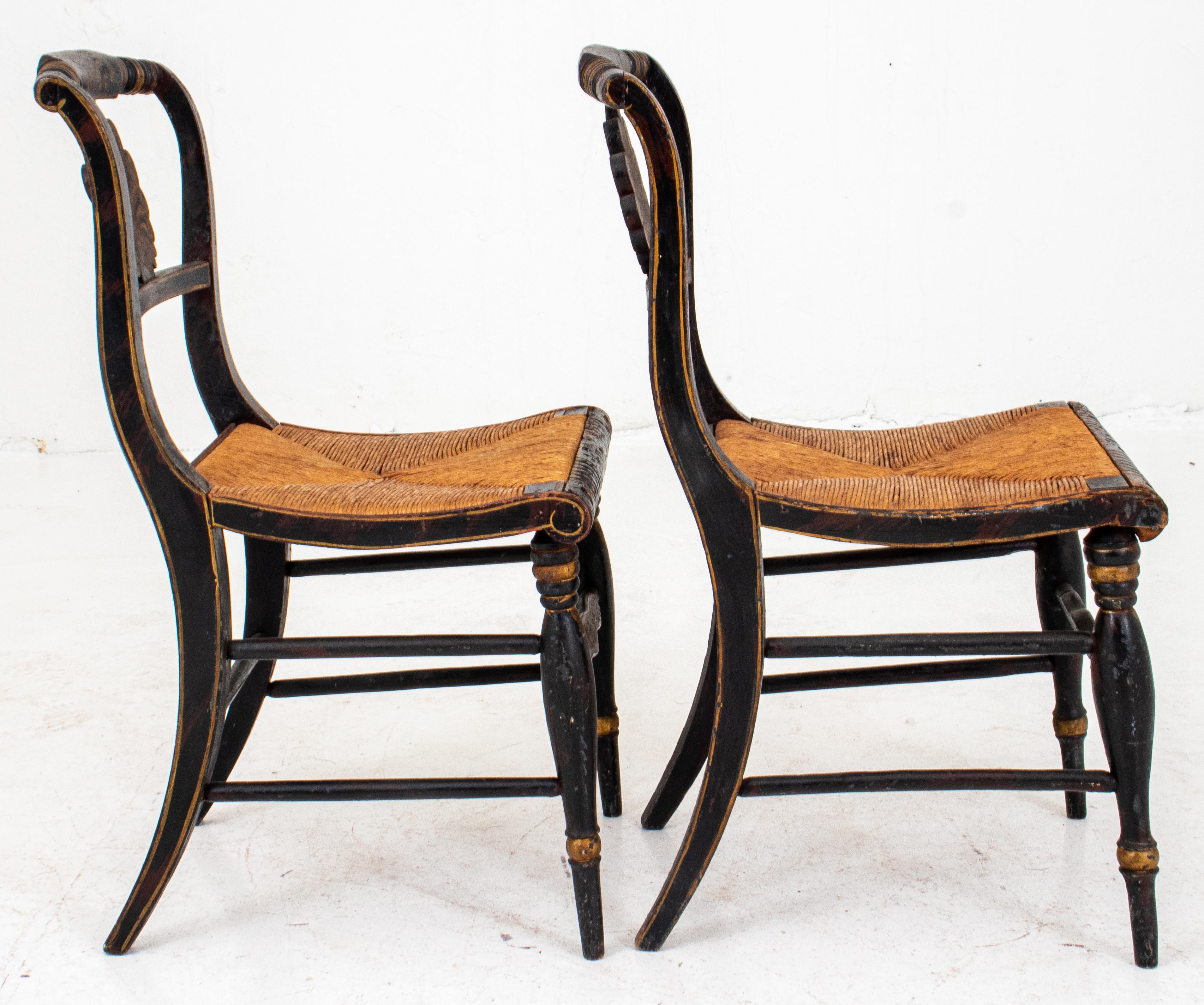 American Ebonized and Painted Wood Rush Chairs, Pair In Good Condition In New York, NY