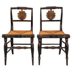 American Ebonized and Painted Wood Rush Chairs, Pair