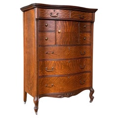 American Edwardian Colonial, Tiger Oak Bombe Highboy Dresser w/ Hidden Cabinet