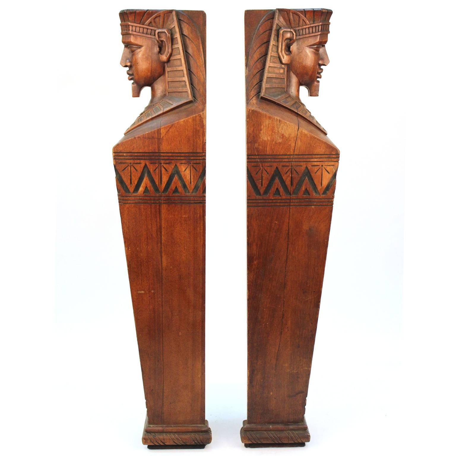 American Egyptian Revival Carved Wood Pair of Pharaoh Caryatids In Good Condition For Sale In New York, NY