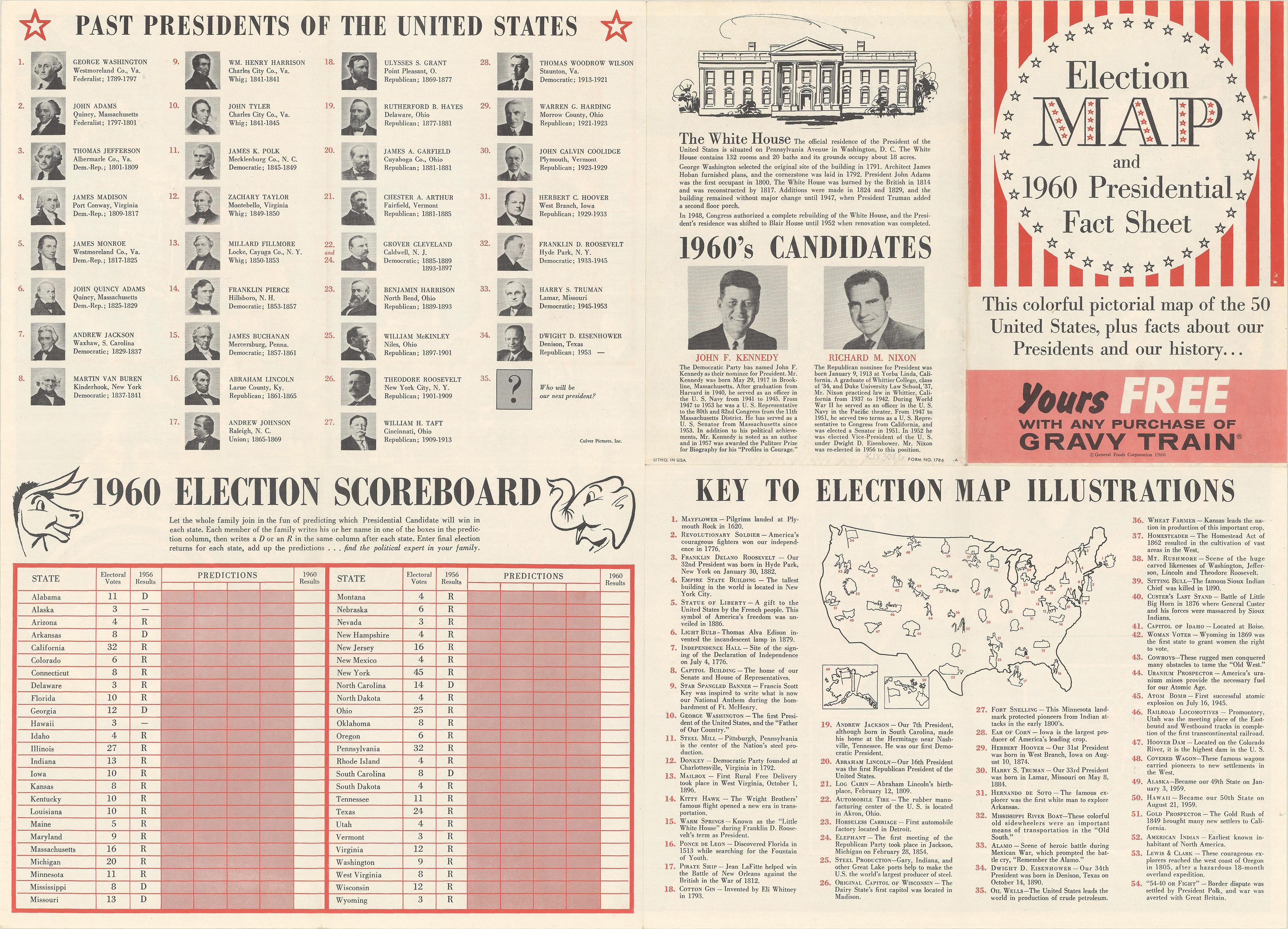 Title: “The 50 United States of America”

Subject: United States, Presidential Elections
Date: 1960 (dated)
Color: Printed Color
Size: 24.9 x 17.9 inches (63.2 x 45.5 cm)

This colorful map of the United States was drawn by Lorin Thompson and