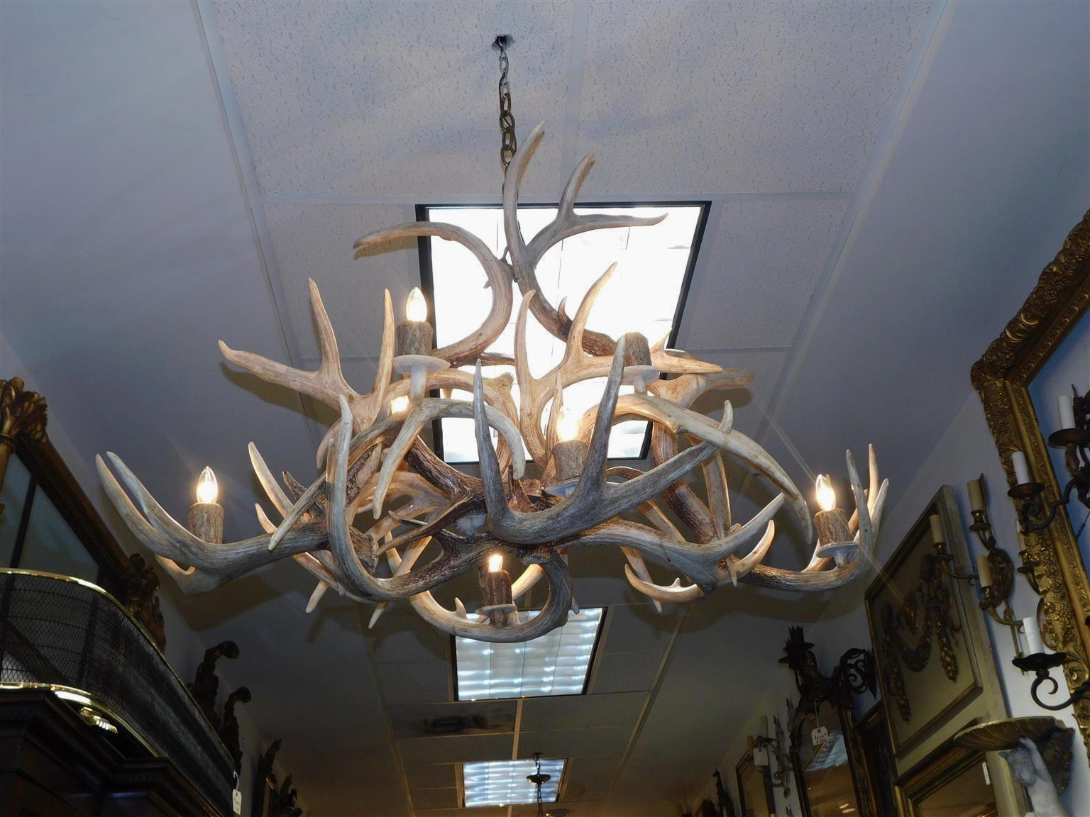 American elk antler intertwined eight light chandelier, Early 20th Century