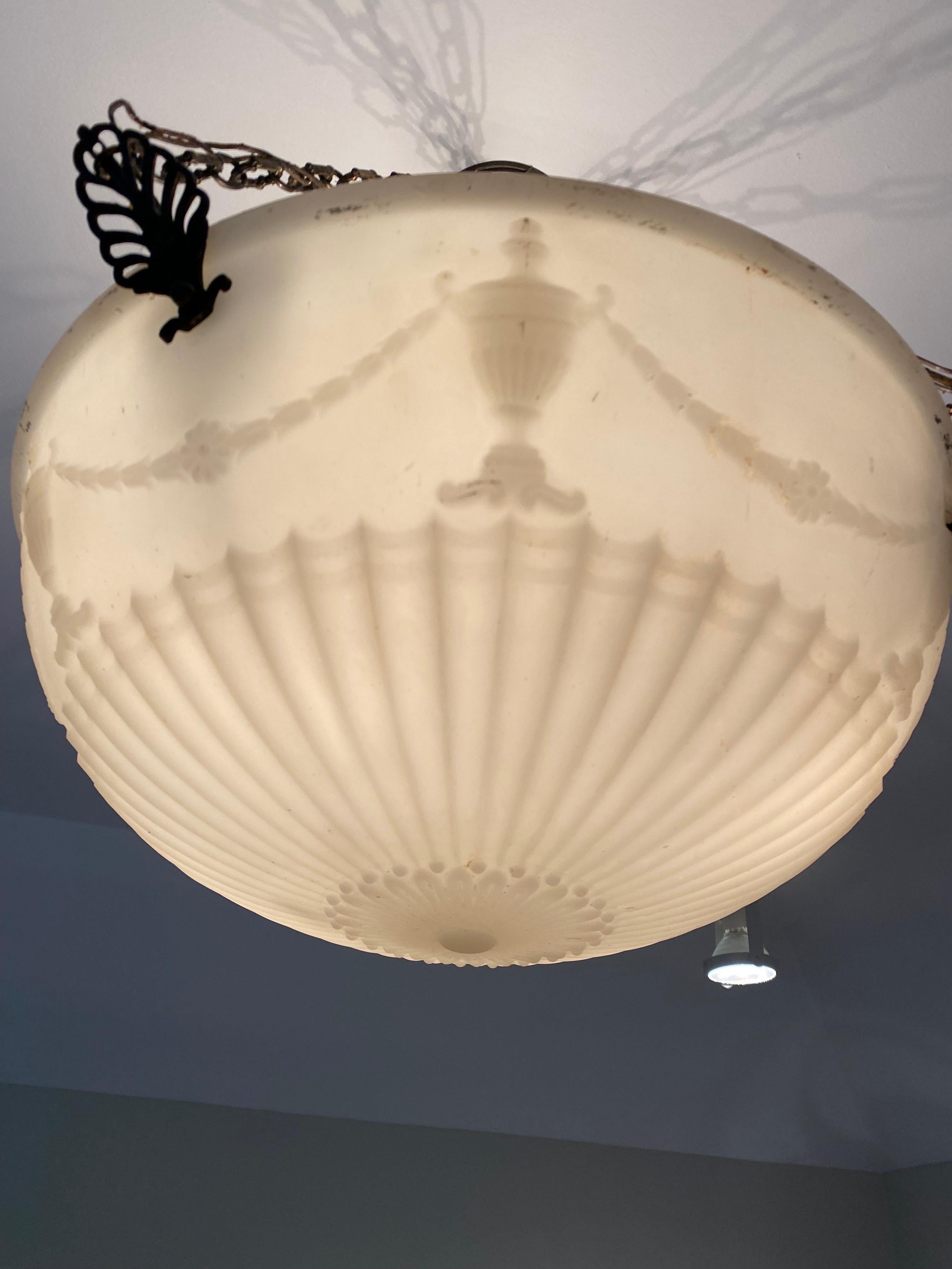 Iron American Empire Alabaster Pendant Light with Classical Urn Motif For Sale