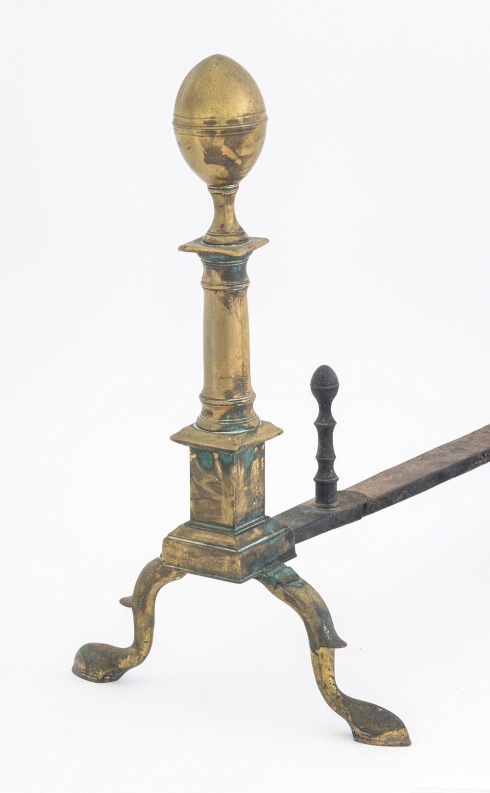 Pair of American Empire Brass Andirons, 19th century, with two front hoof feet. 19.5