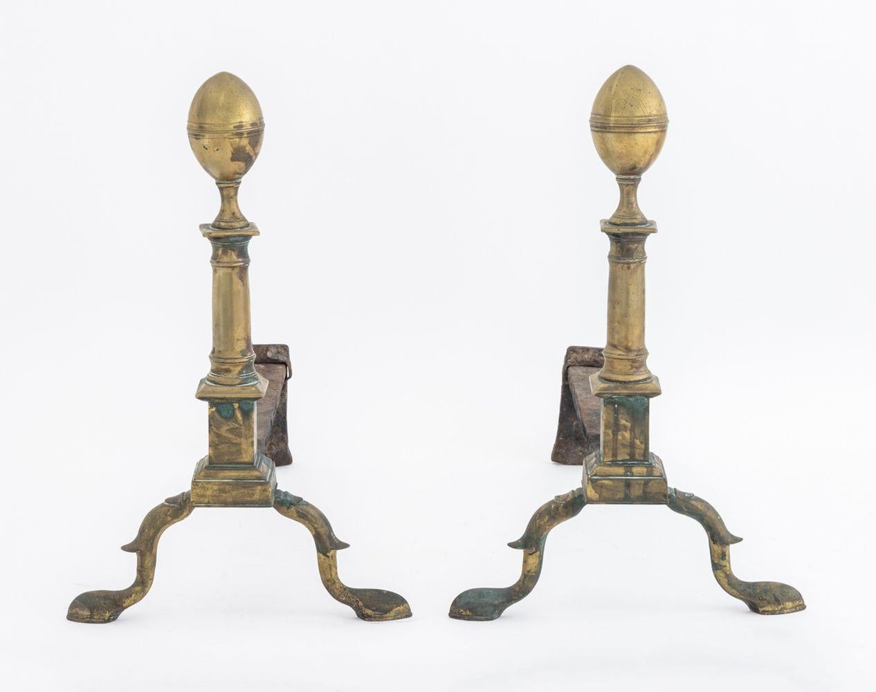 American Empire Brass Andirons, 19 C In Good Condition For Sale In Astoria, NY