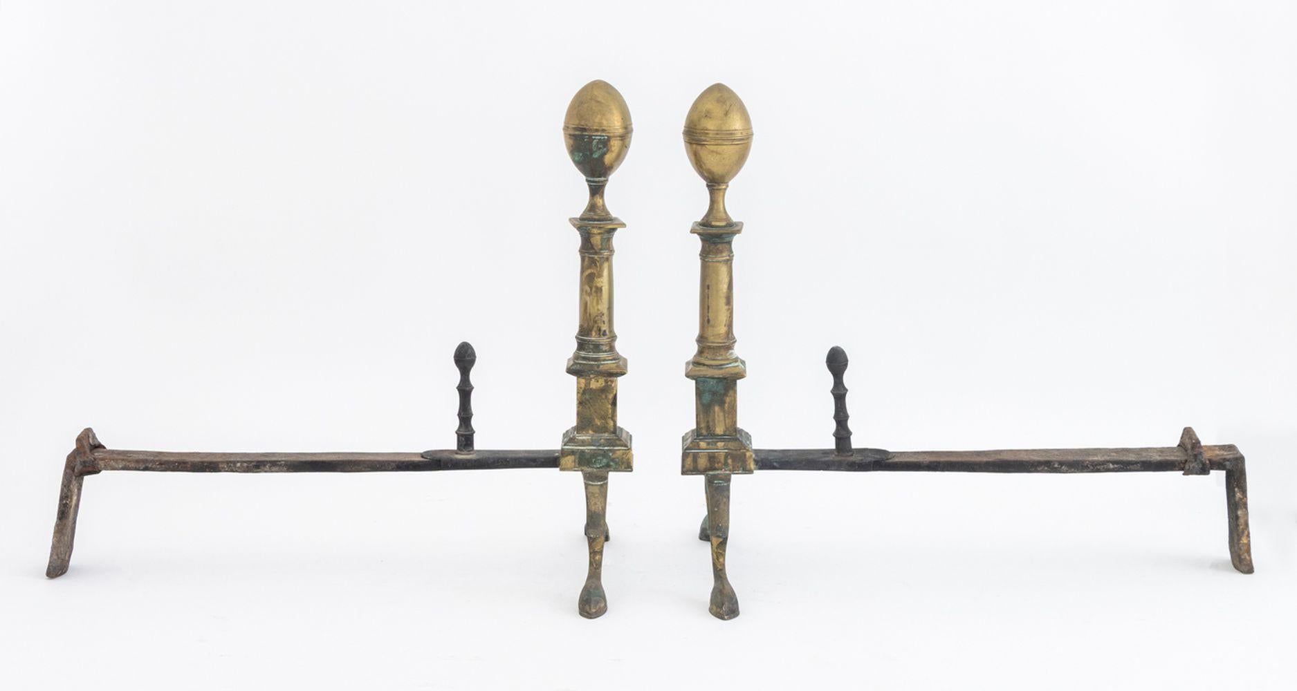 19th Century American Empire Brass Andirons, 19 C For Sale