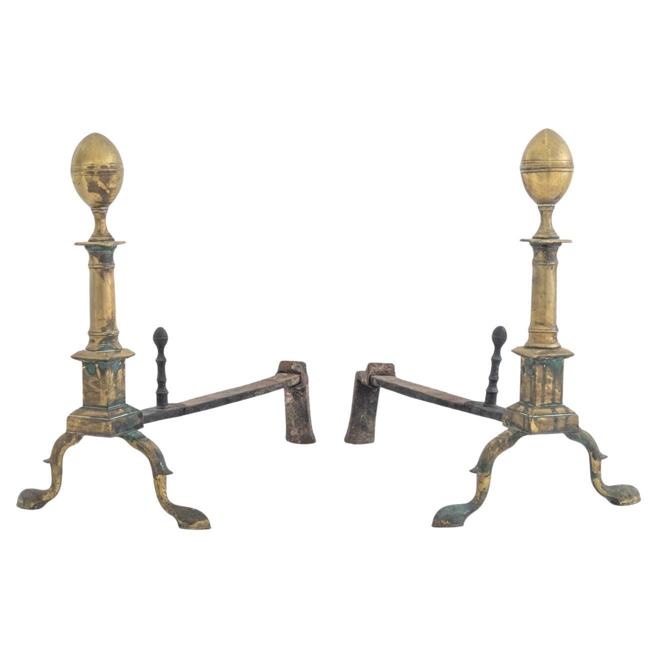 American Empire Brass Andirons, 19 C For Sale