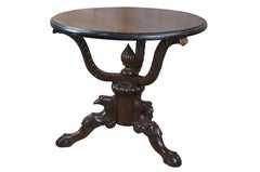 American Empire Carved Mahogany Eagle Ball Claw Pedestal Center Table 32"