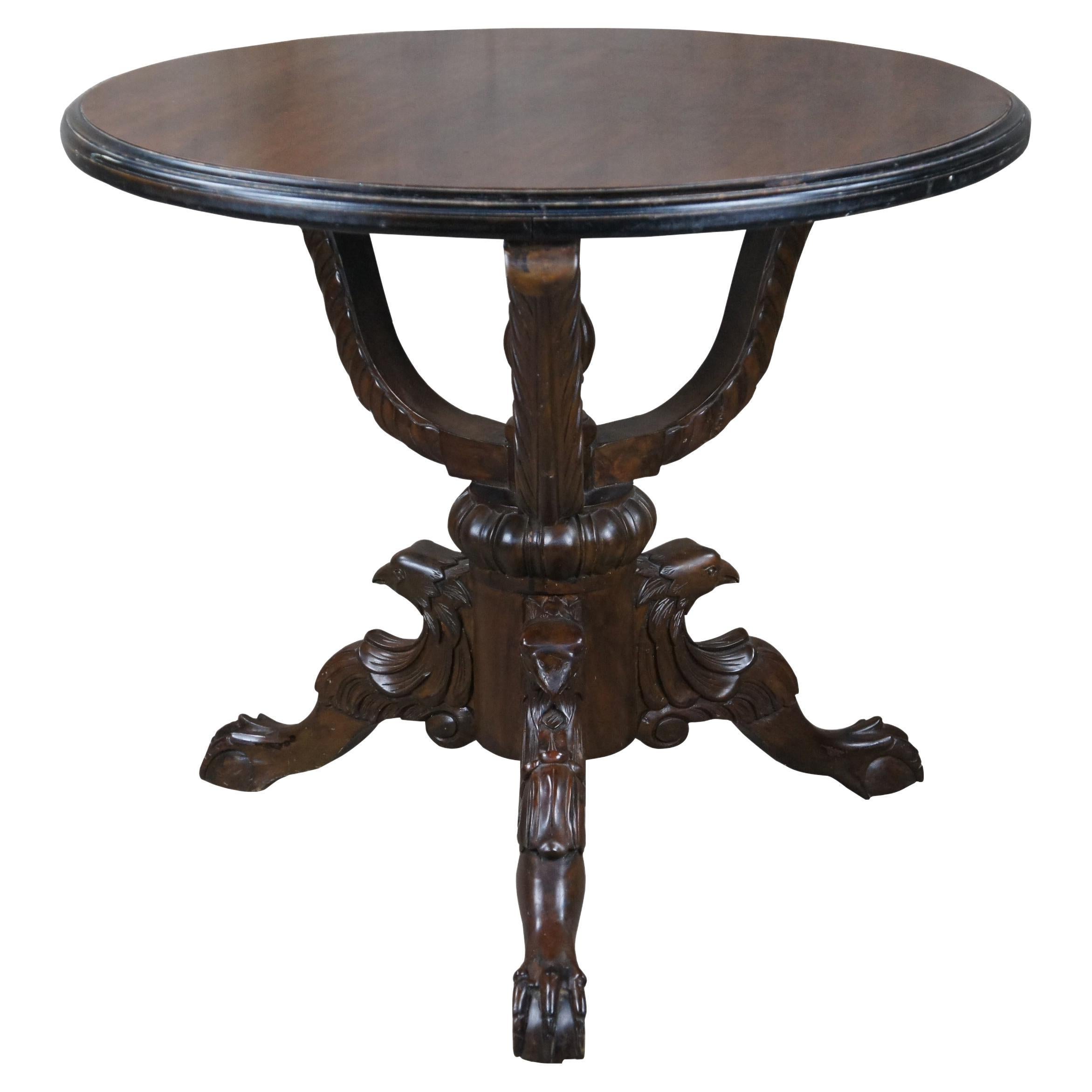 American Empire Carved Mahogany Eagle Ball Claw Pedestal Center Table 32" For Sale