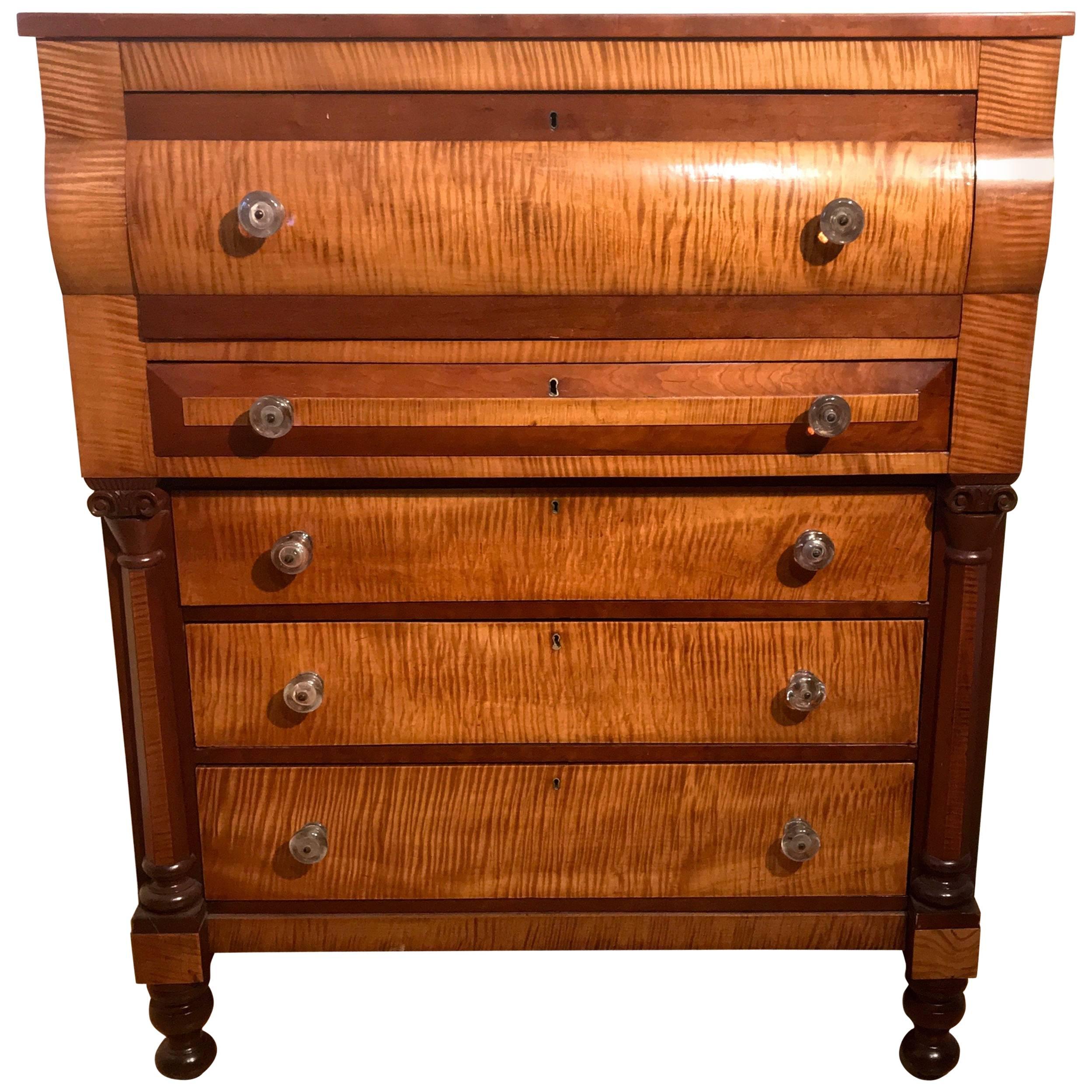 American Empire Chest of Drawers in Tiger Maple and Cherry, circa 1840 For Sale