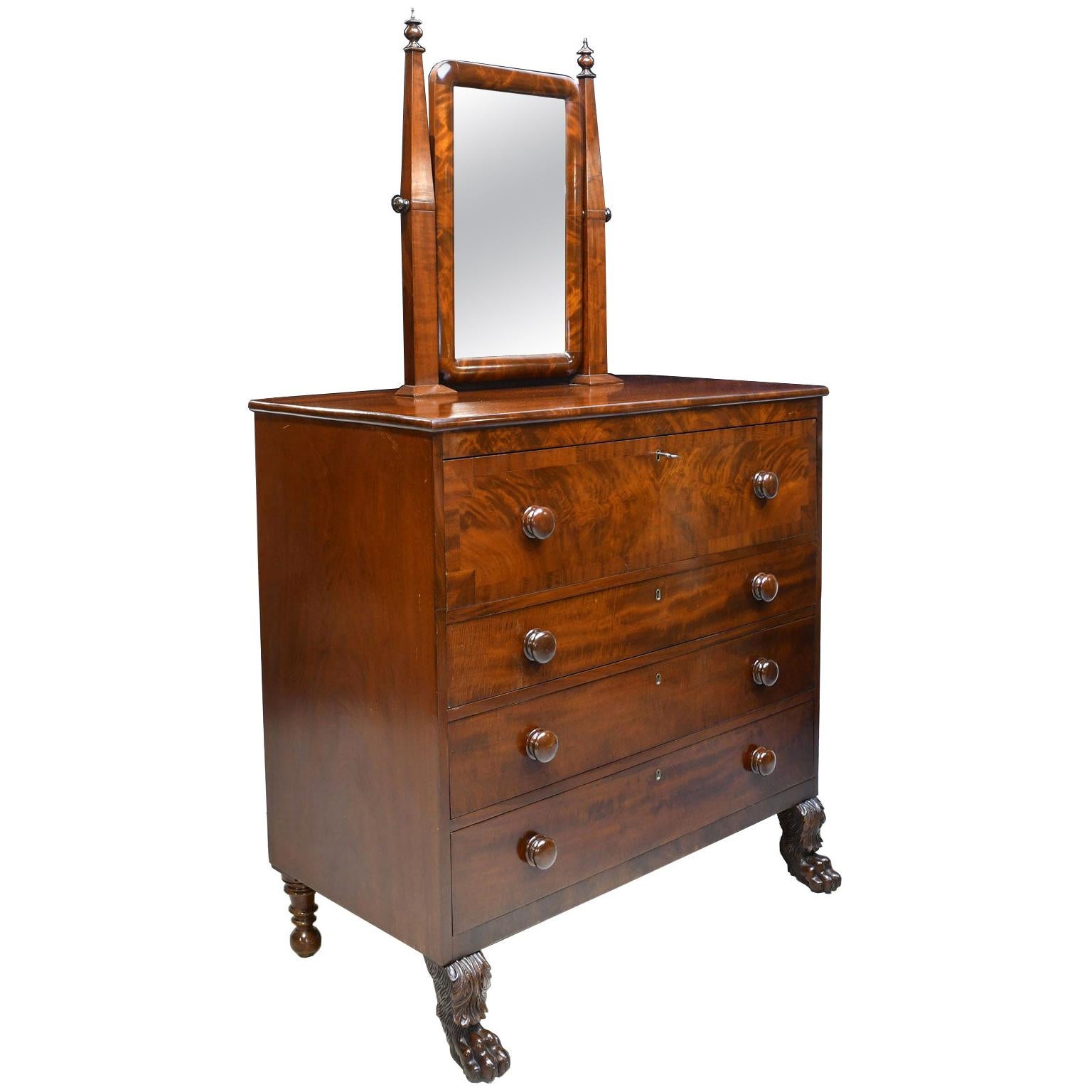 American Empire Chest of Drawers with Mirror in Mahogany, Maine, circa 1830